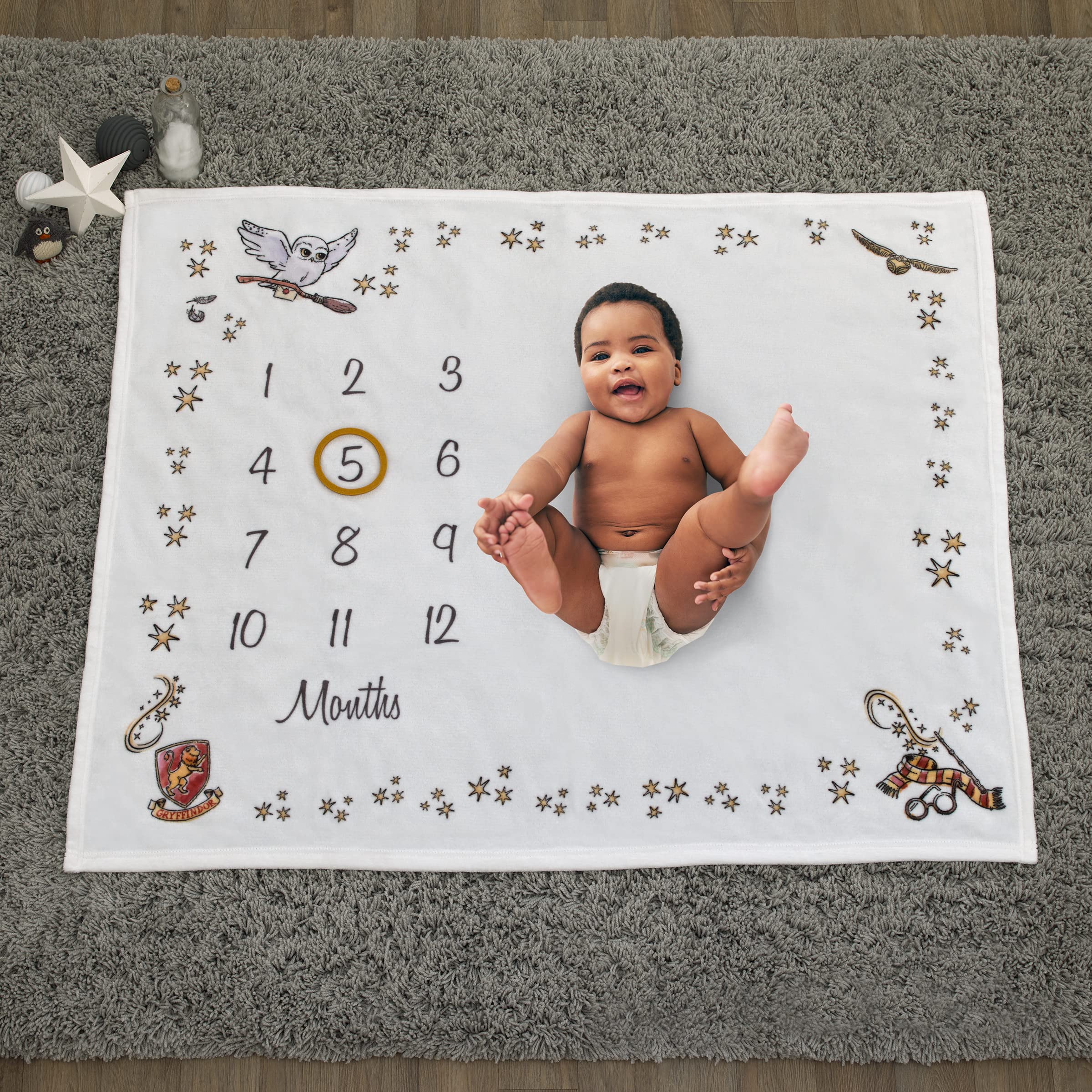 NoJo Harry Potter milestone blanket with month-circle markers for growth tracking.