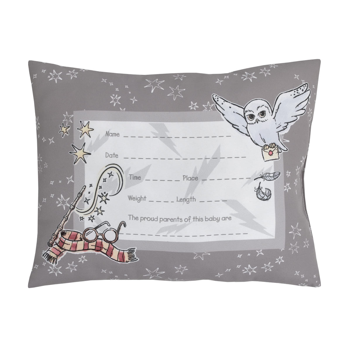 NoJo keepsake pillow with Hedwig and wand enhances nursery decor and memory.