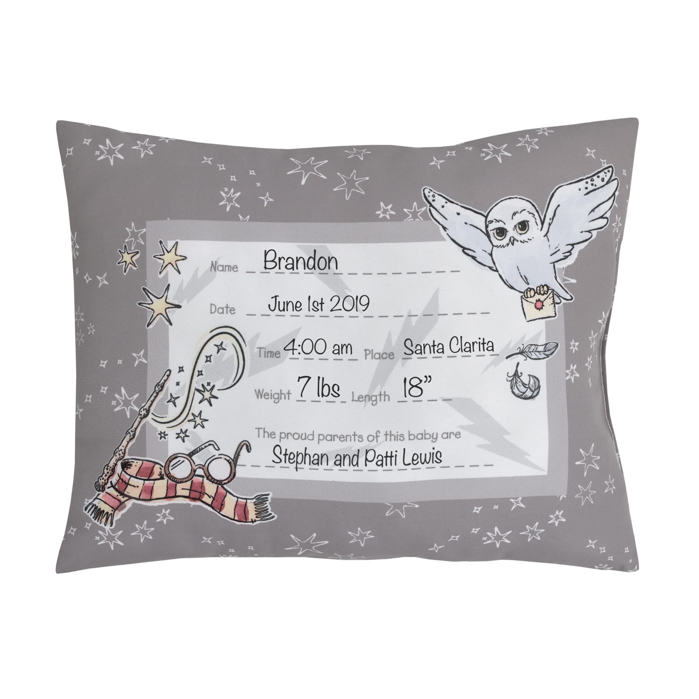 NoJo keepsake pillow Hedwig motif and wand detail for playful Hogwarts vibe.