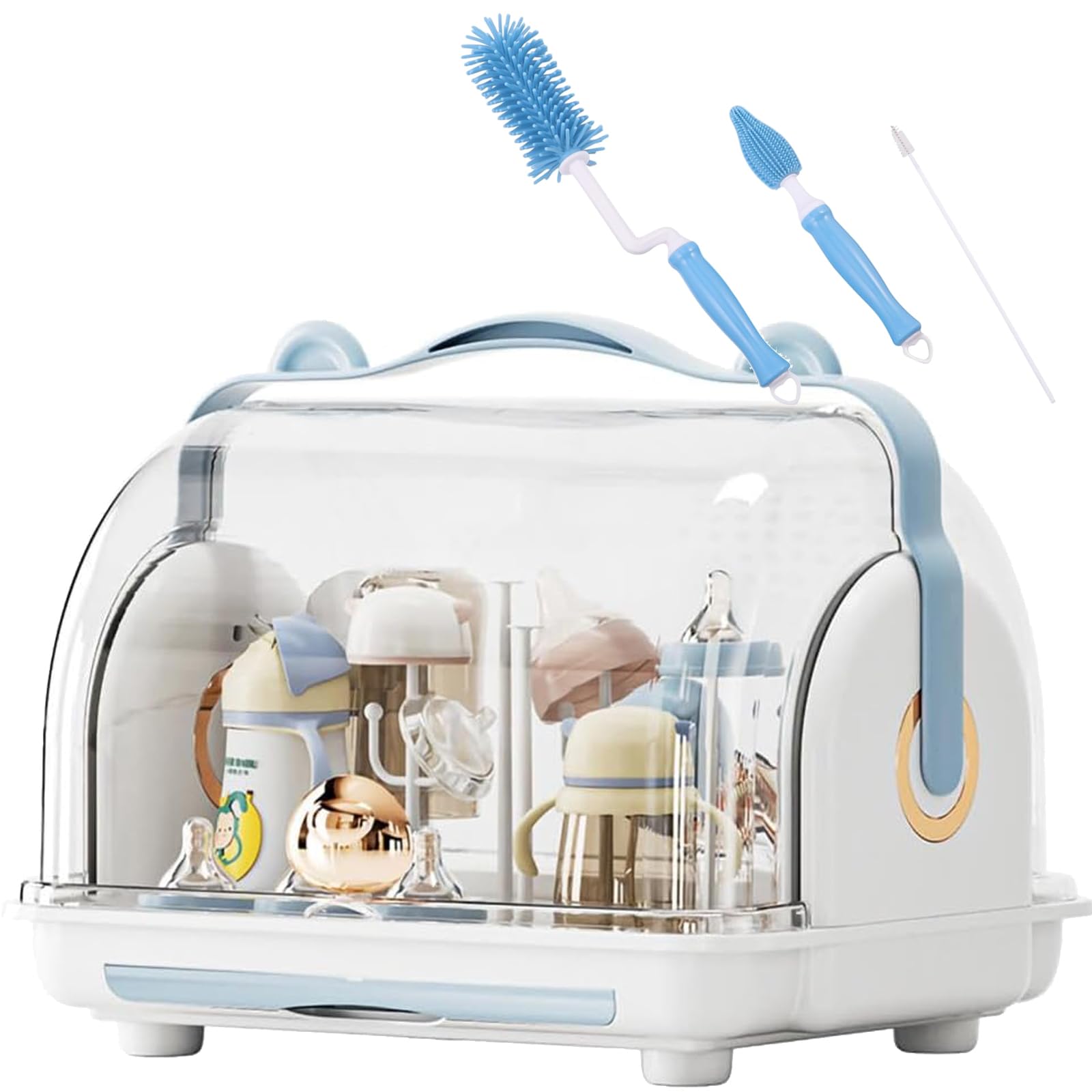 Nollapo transparent baby bottle drying rack blue front view for quick drying visibility