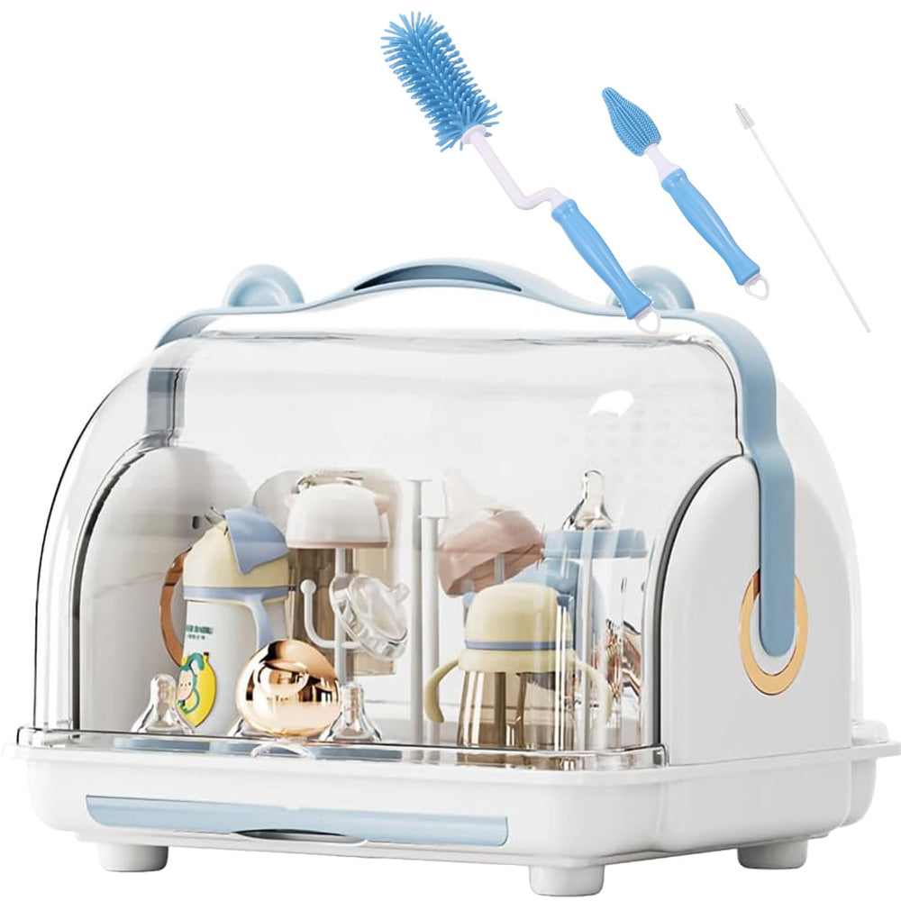 Nollapo transparent baby bottle drying rack blue front view for quick drying visibility