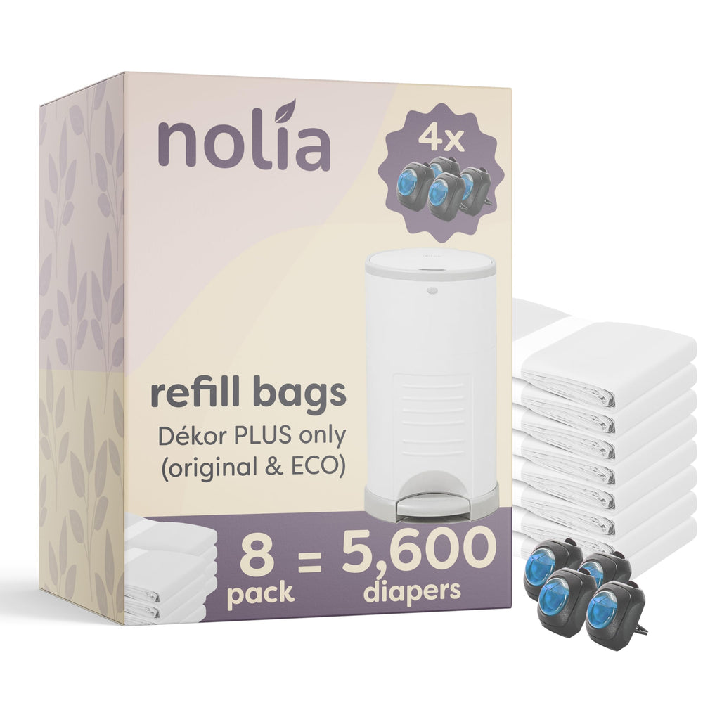 Nolia Dekor Plus refills 8-pack packaging ready for long-lasting diaper pail use