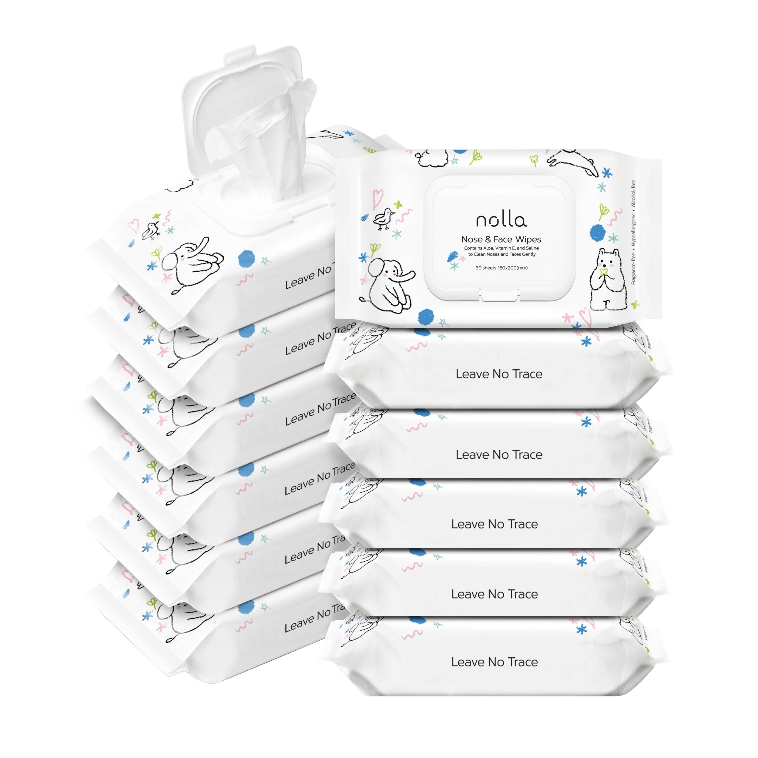 Nolla Nose and Face Wipes box front showing compostable packaging for babies