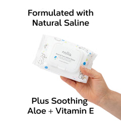 Nolla wipes label highlights natural saline for safe-area use