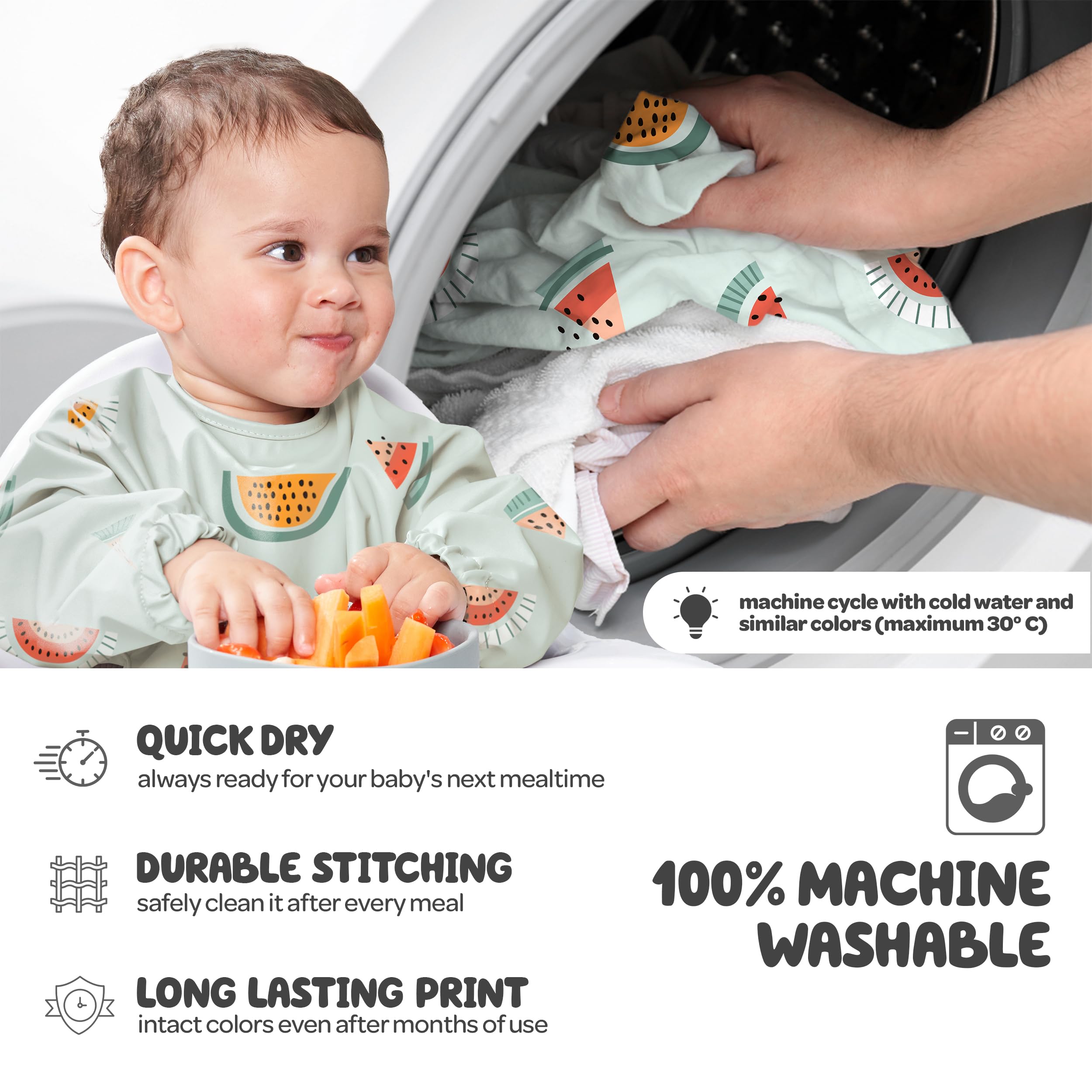 Nombear BLW baby bib with sleeves prevents soggy outfits during solids.