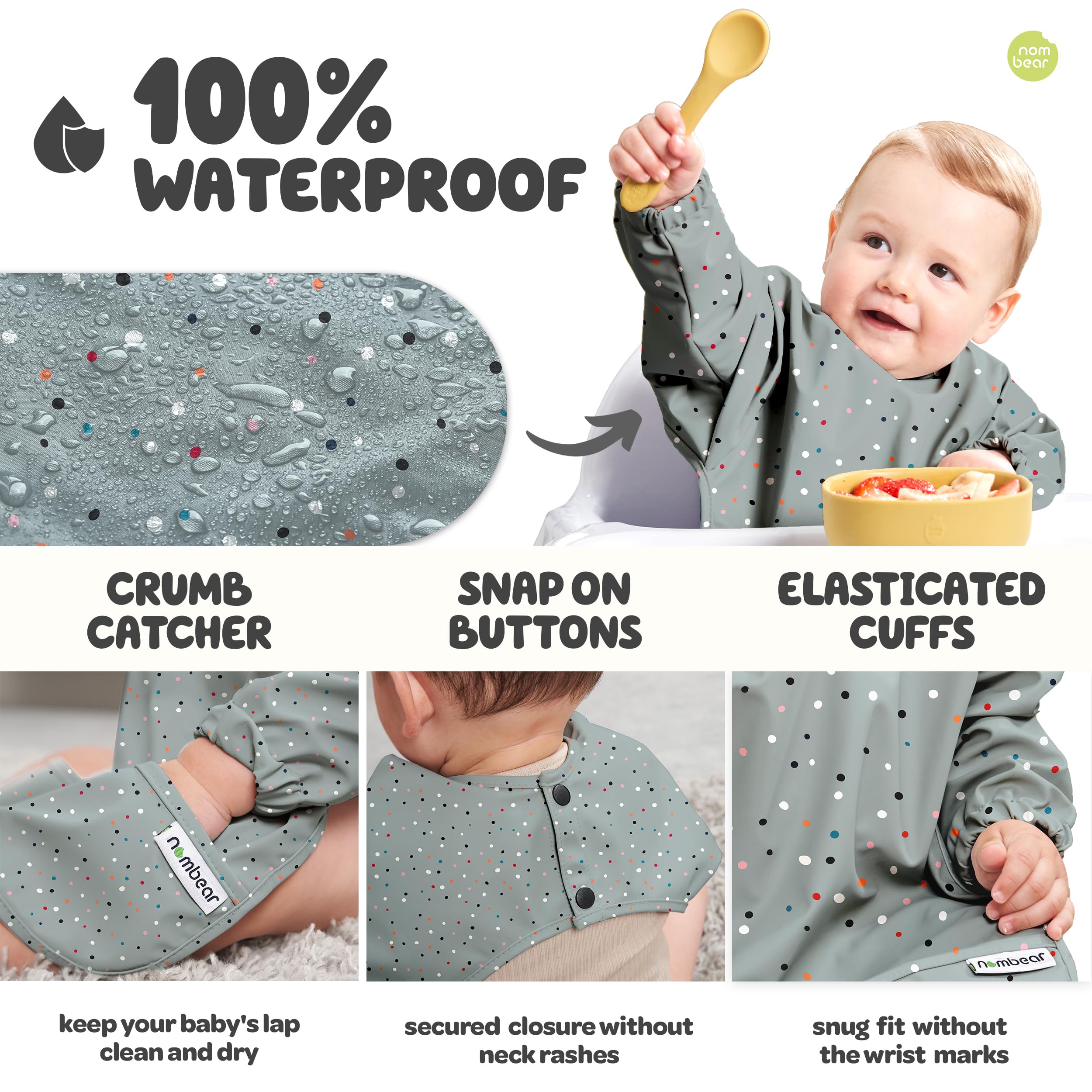 Nombear bib with elastic cuffs protects wrists during meals.