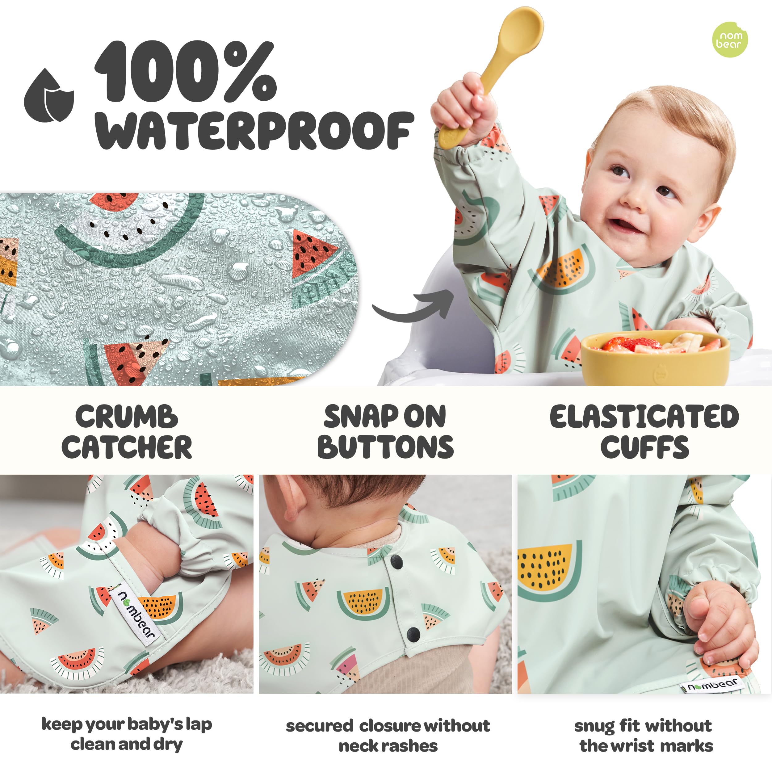 Nombear elastic cuff bib protects wrists and sleeves for messy feeding.