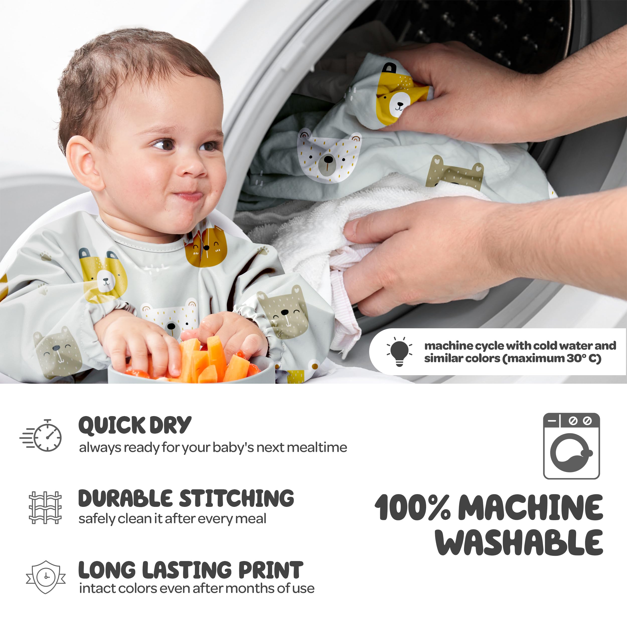Nombear elastic cuffs keep sleeves clean during messy snacks