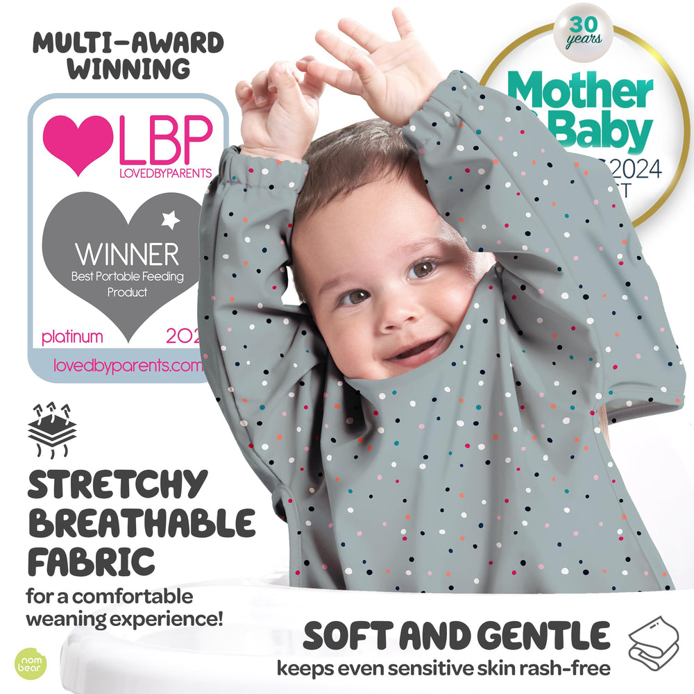Nombear long-sleeve bib for meals keeps sleeves dry and clean.