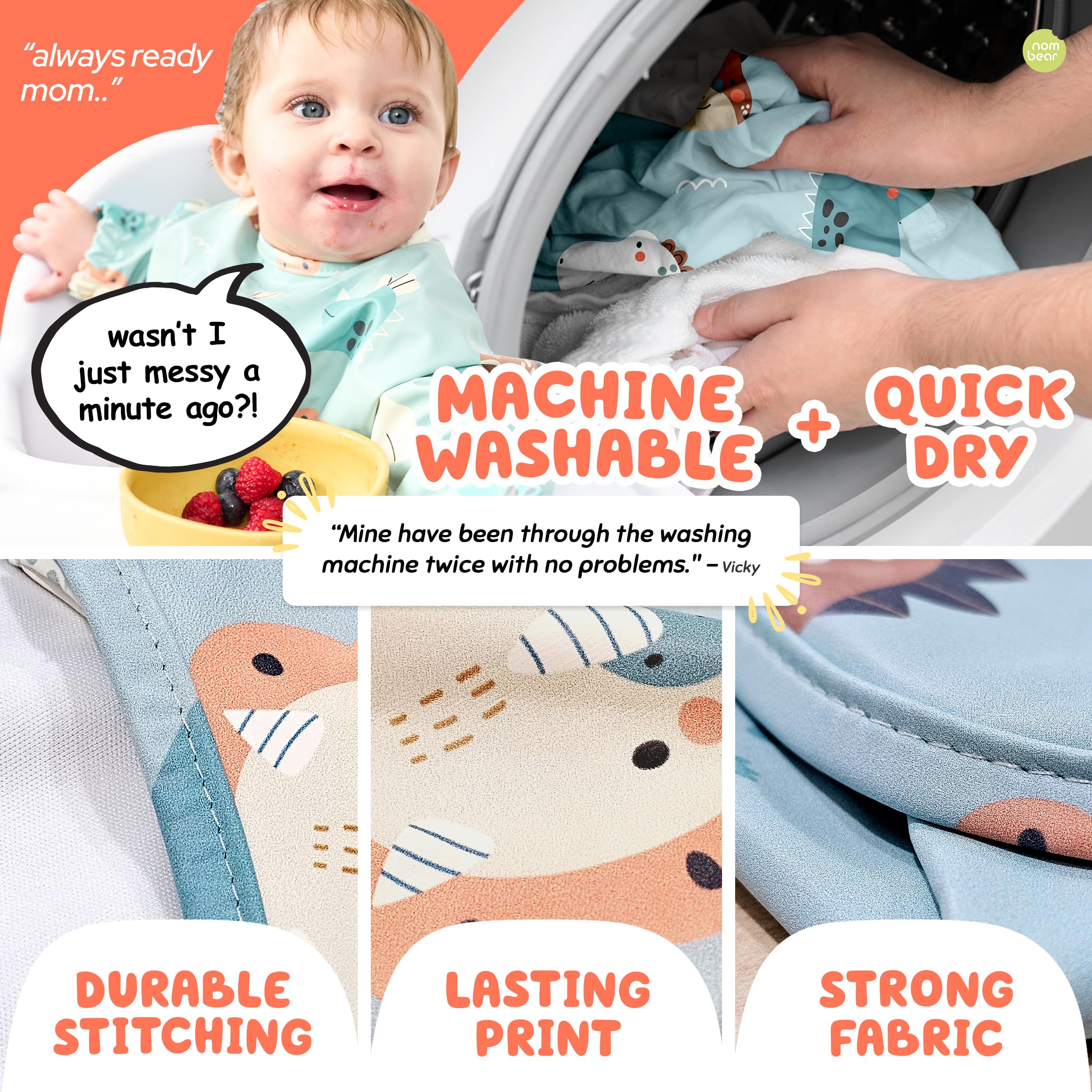 Nombear long sleeve bib with button fastening provides quick setup at mealtime.