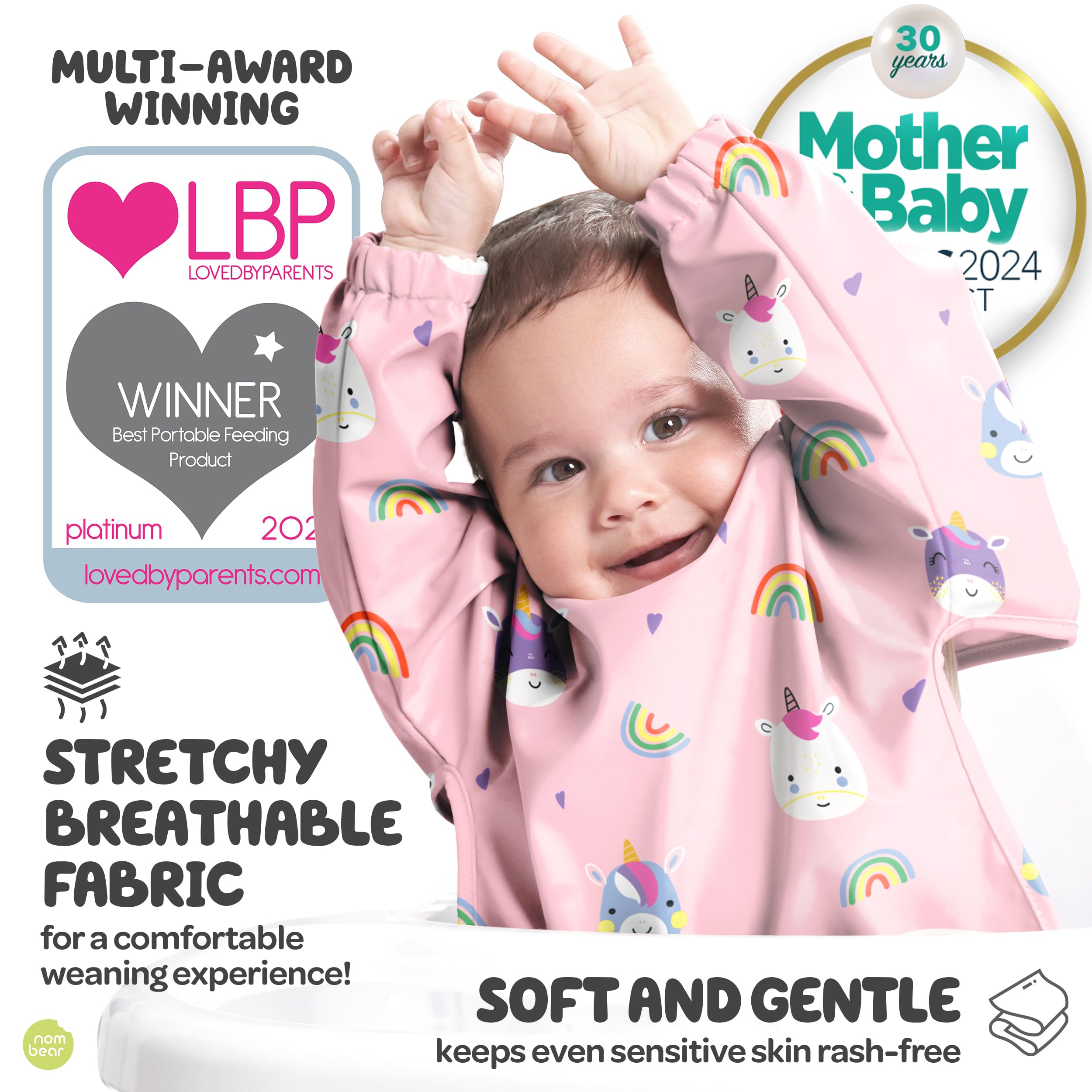 Nombear long-sleeve bib with button fastening for quick, secure setup.