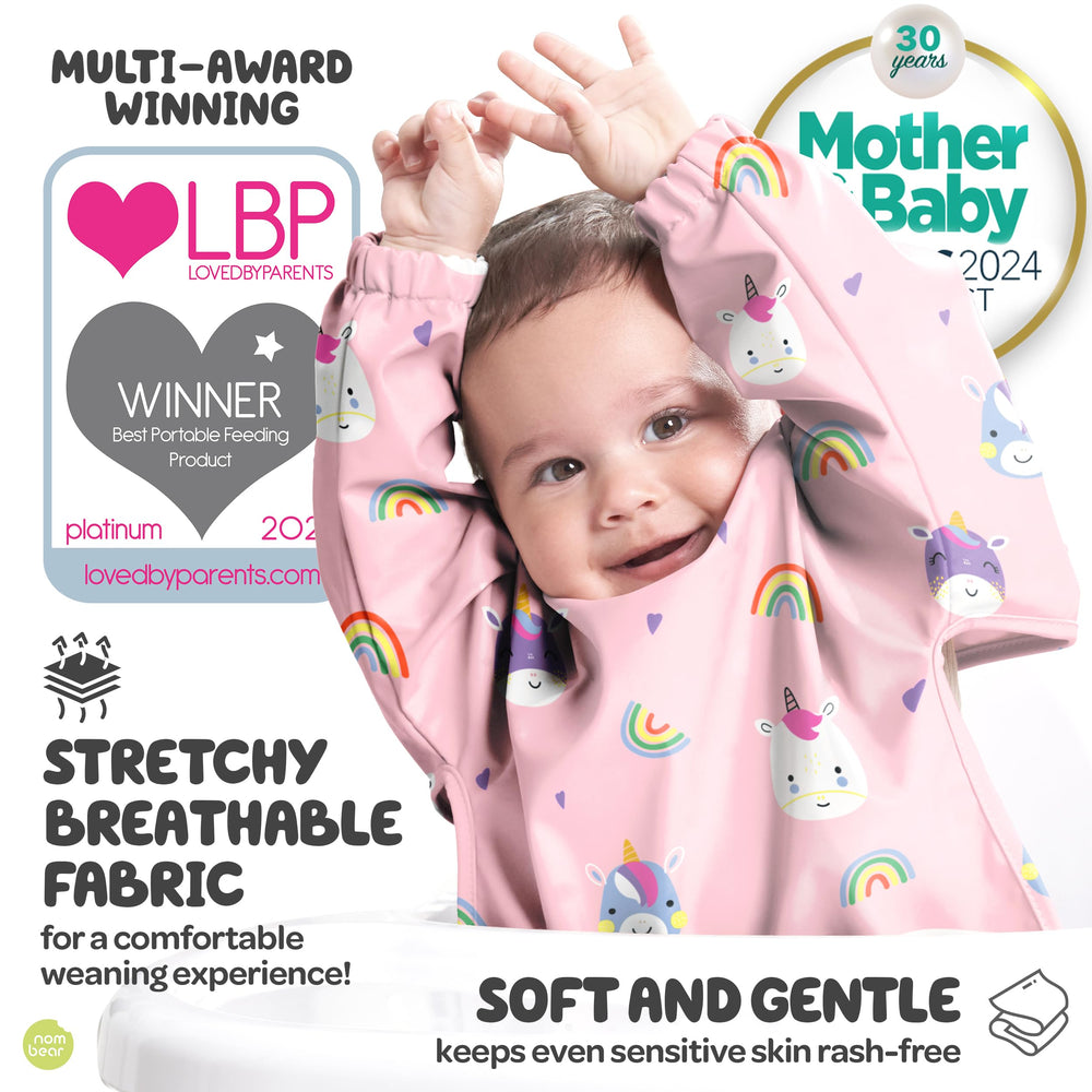 Nombear long-sleeve bib with button fastening for quick, secure setup.