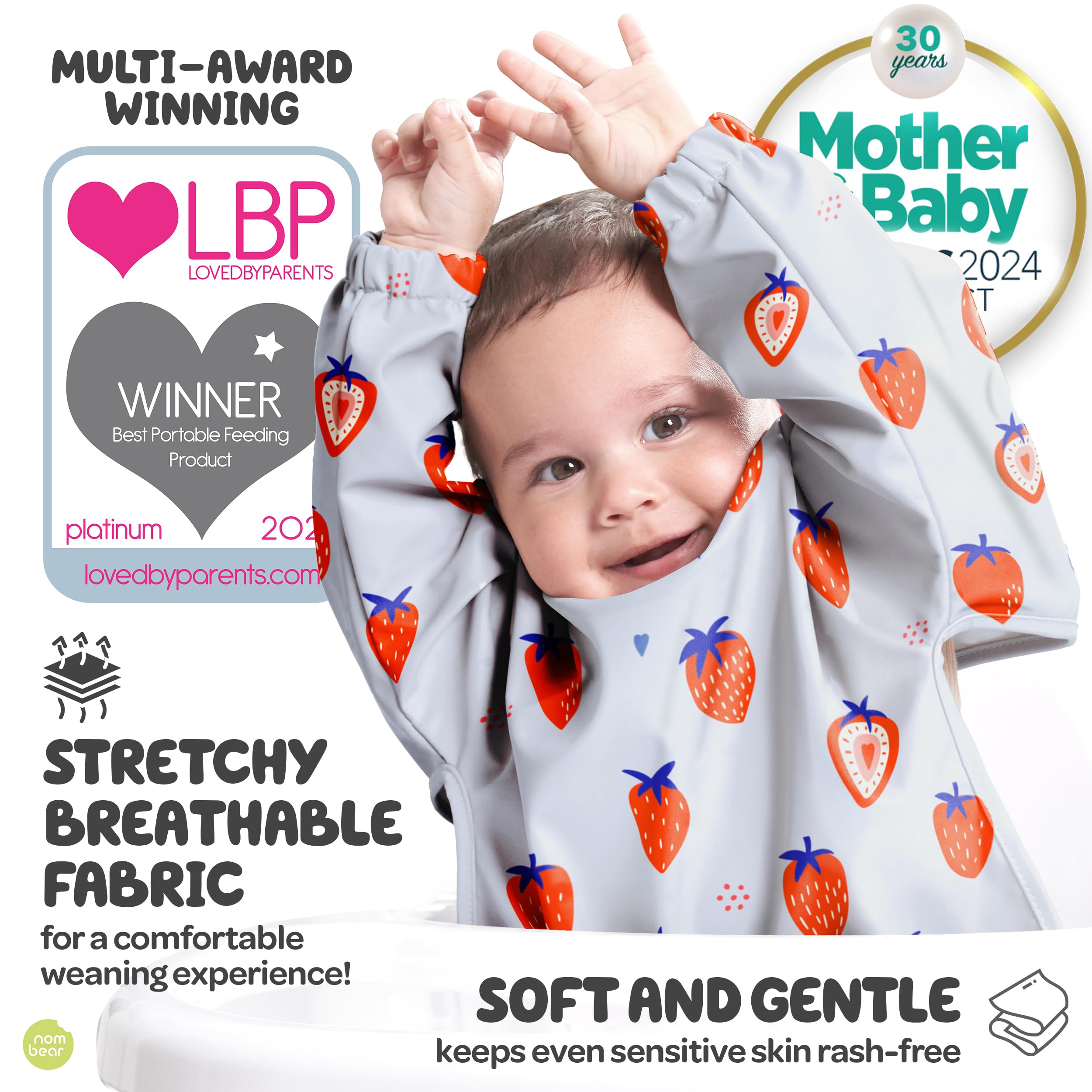 Nombear smock bib elastic cuffs closeup highlights gentle, secure sleeves.