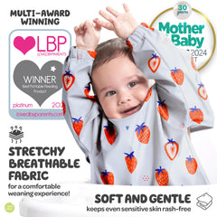 Nombear smock bib elastic cuffs closeup highlights gentle, secure sleeves.