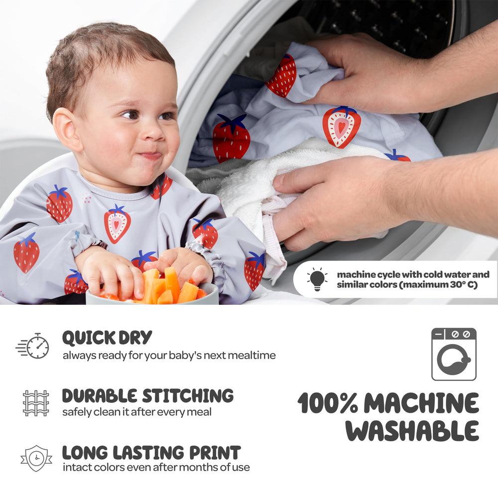 Nombear smock bib stain-resistant surface closeup showcases easy wipe-clean mess handling.