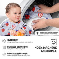 Nombear smock bib stain-resistant surface closeup showcases easy wipe-clean mess handling.