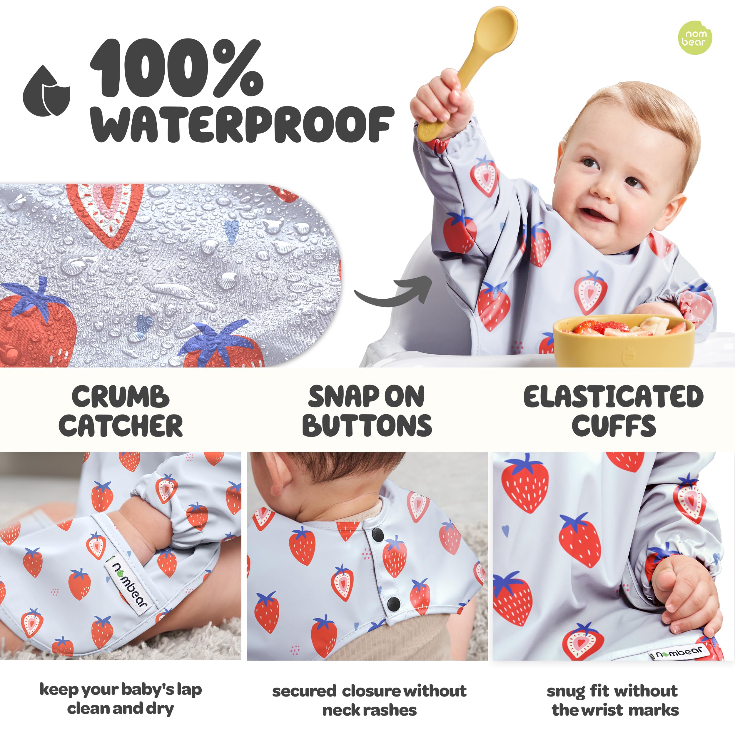 Nombear smock bib wipe-clean image demonstrates quick cleanup after meals.