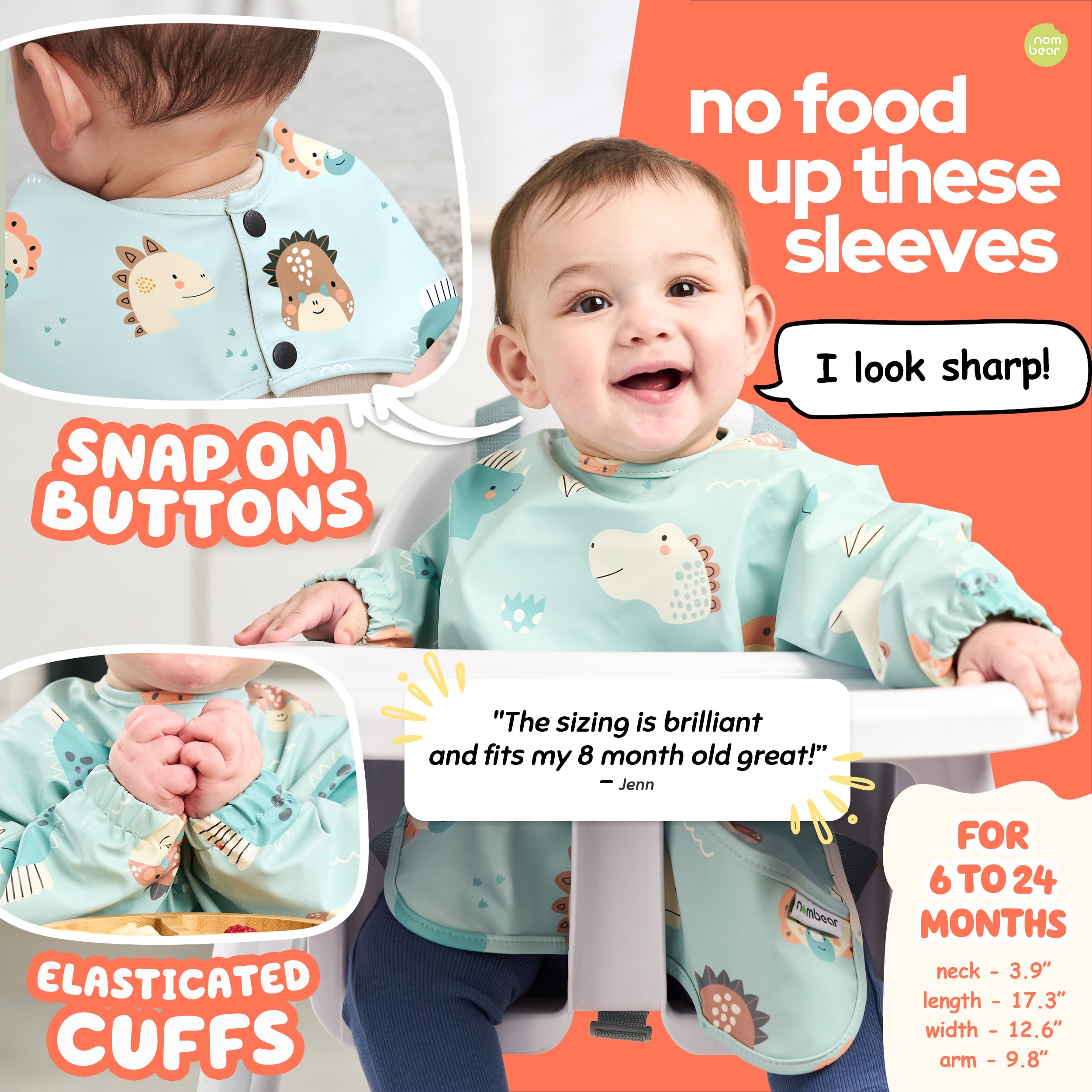 Nombear waterproof baby bib during eating adventures keeps clothes dry.