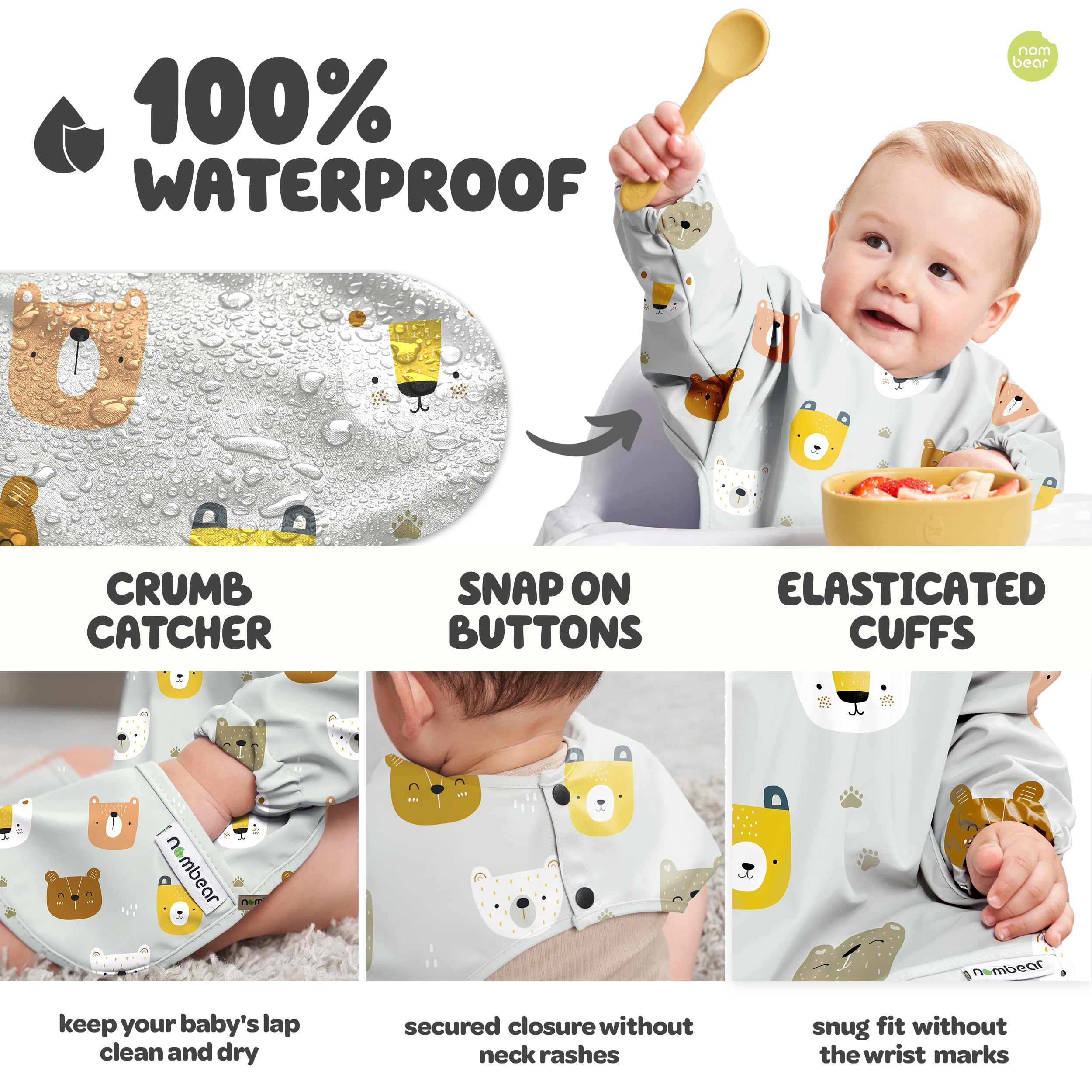 Nombear waterproof wipe-clean bib safe for machine washing after adventures