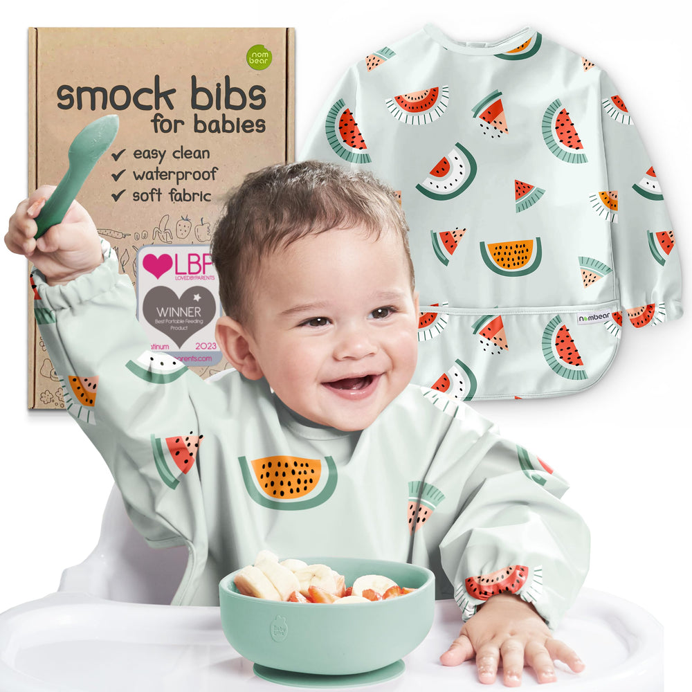 Nombear waterproof smock baby bib during eating keeps outfits clean for BLW meals.