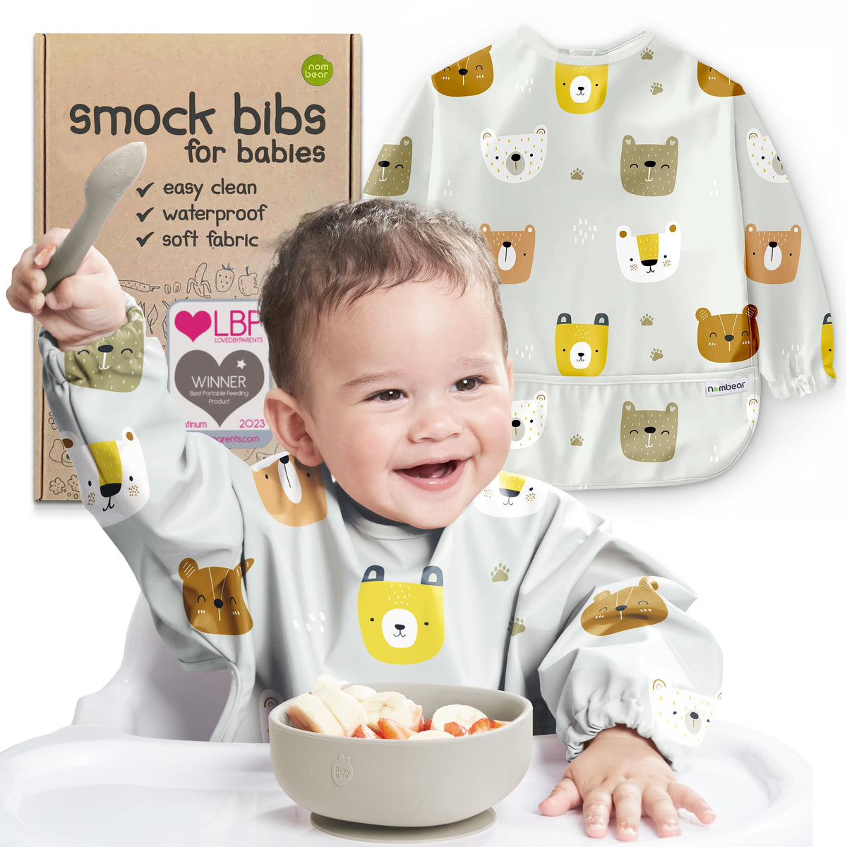 Nombear waterproof smock baby bib long sleeve for mess-free mealtimes