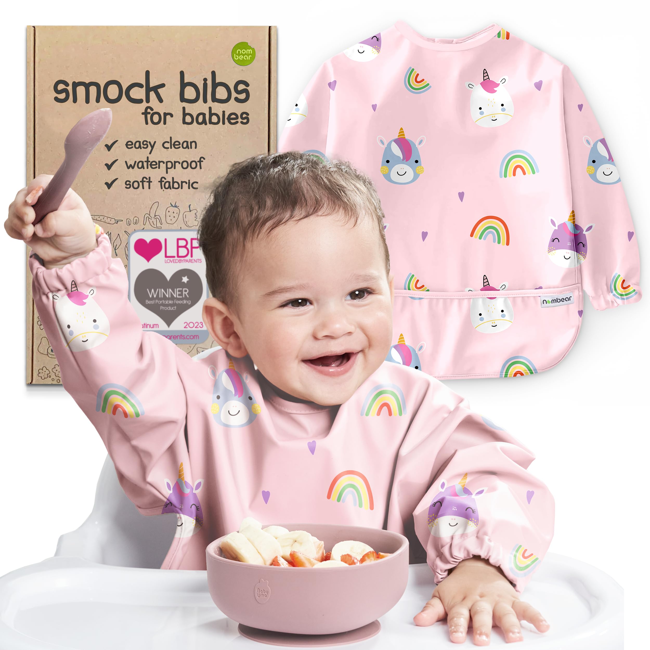 Nombear waterproof smock bib during mealtime for mess-free feeding and easier cleanup.