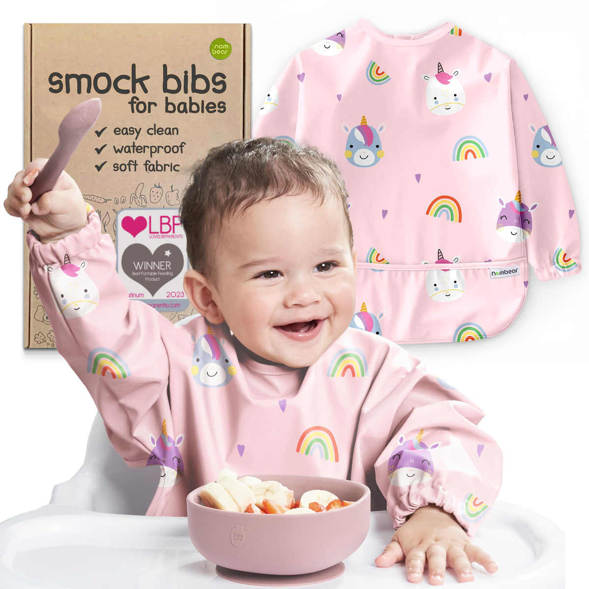 Nombear waterproof smock bib during mealtime for mess-free feeding and easier cleanup.