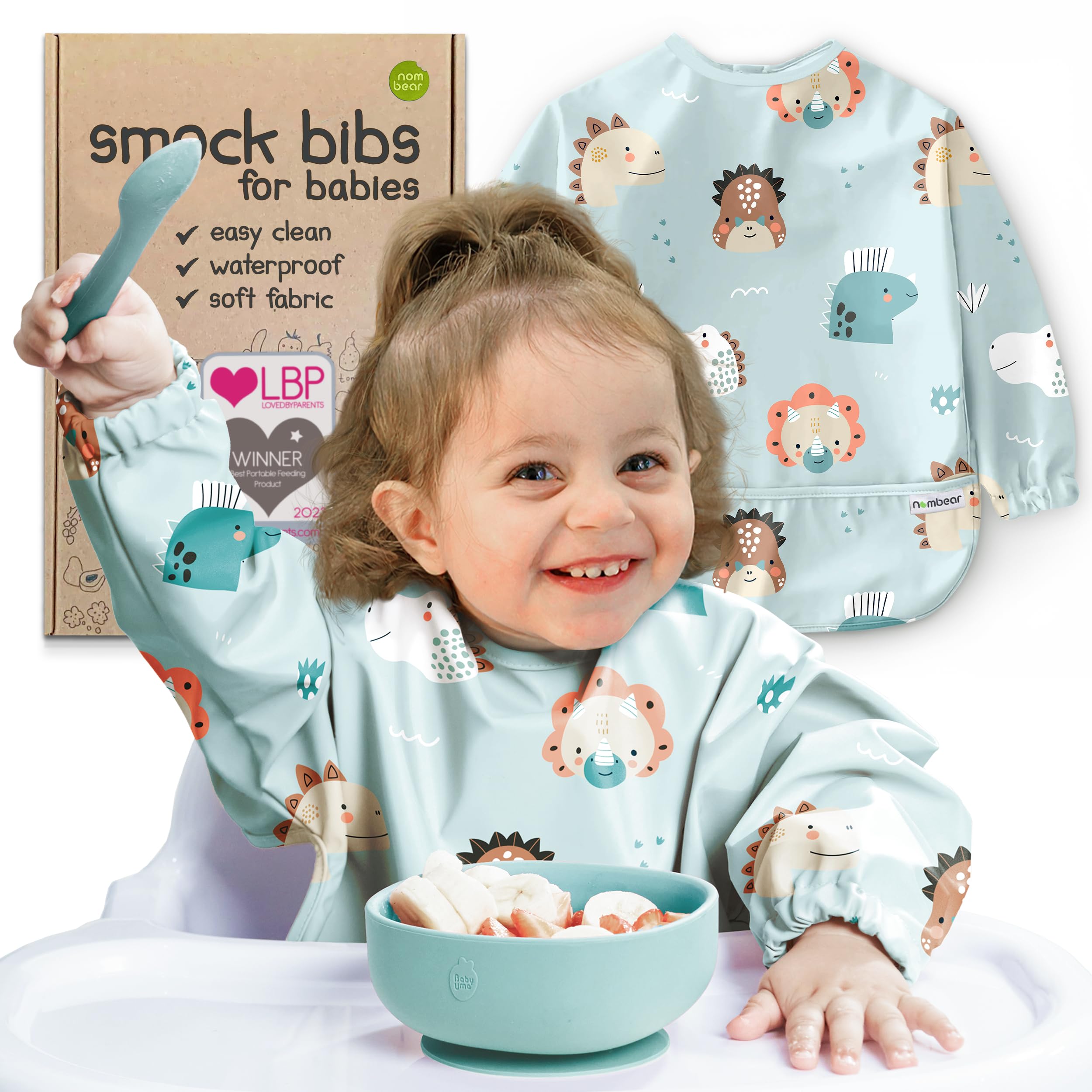 Nombear waterproof smock bib with sleeves on keeps outfits clean during messy meals.