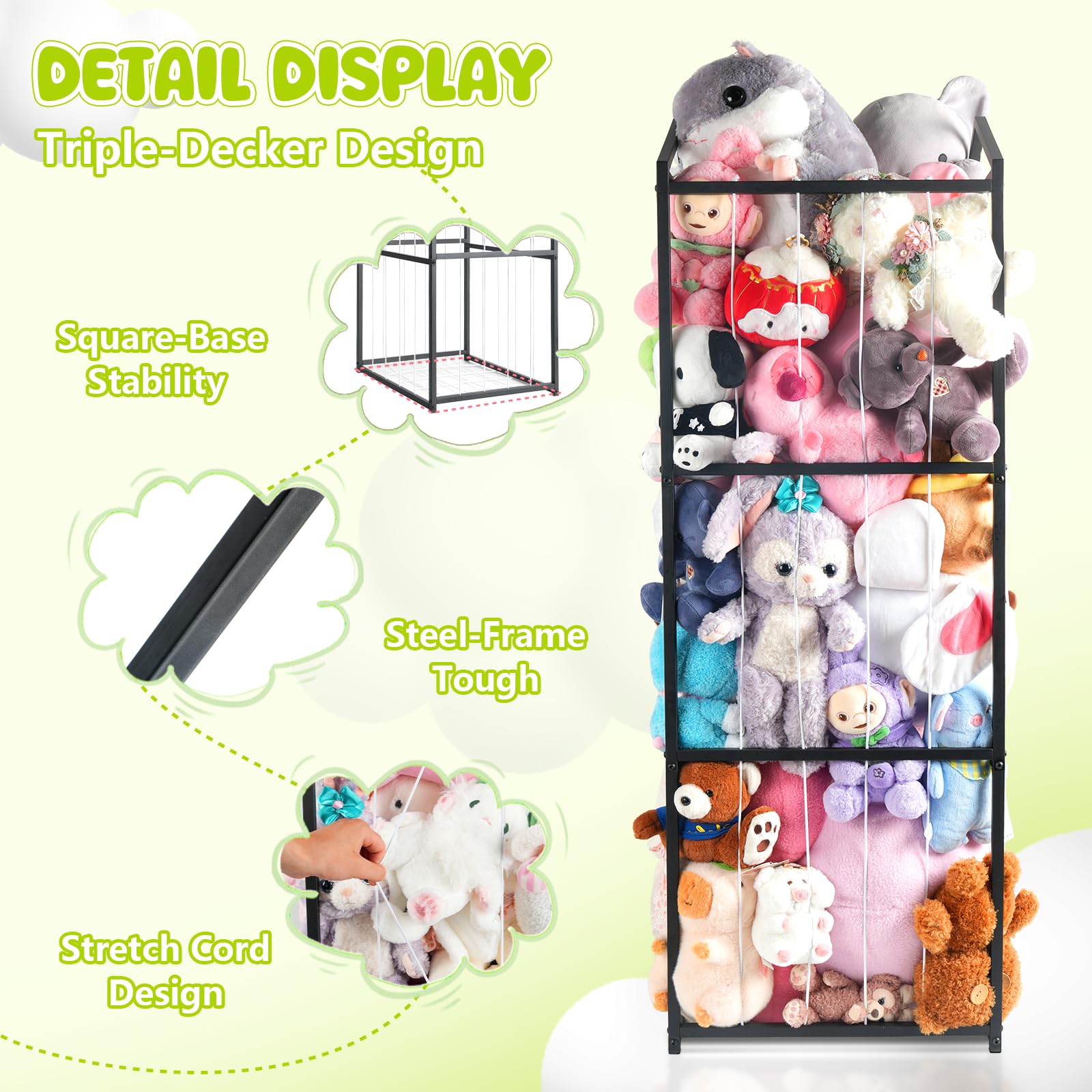 NomNest 3-tier display plushies shows toys while saving floor space and improving visibility.