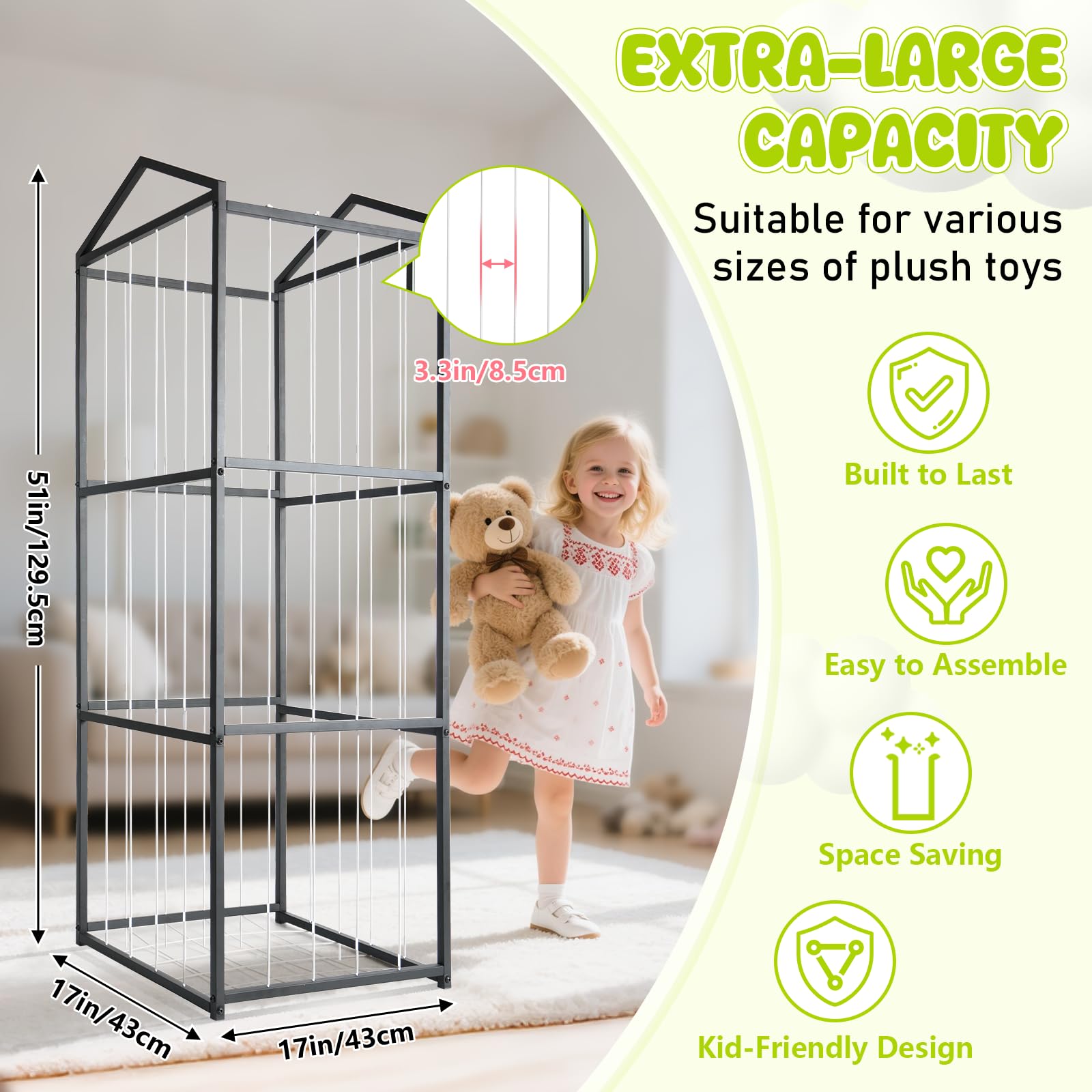 NomNest metal-frame toy organizer emphasizes safety, durability, and easy access to plushies.