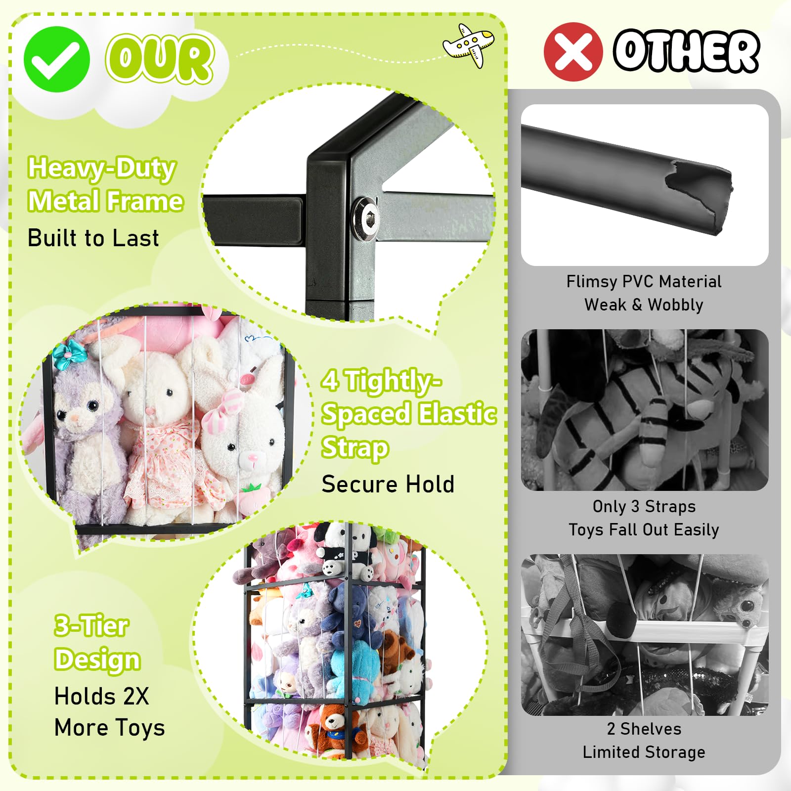 NomNest open-net design provides visibility for fast selection of favorite plush toys.