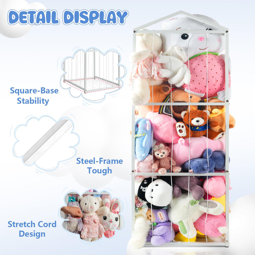 NomNest stuffed animal storage 3-tier-display showcases plush toys like a playful zoo.