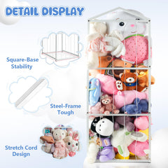 NomNest stuffed animal storage 3-tier-display showcases plush toys like a playful zoo.