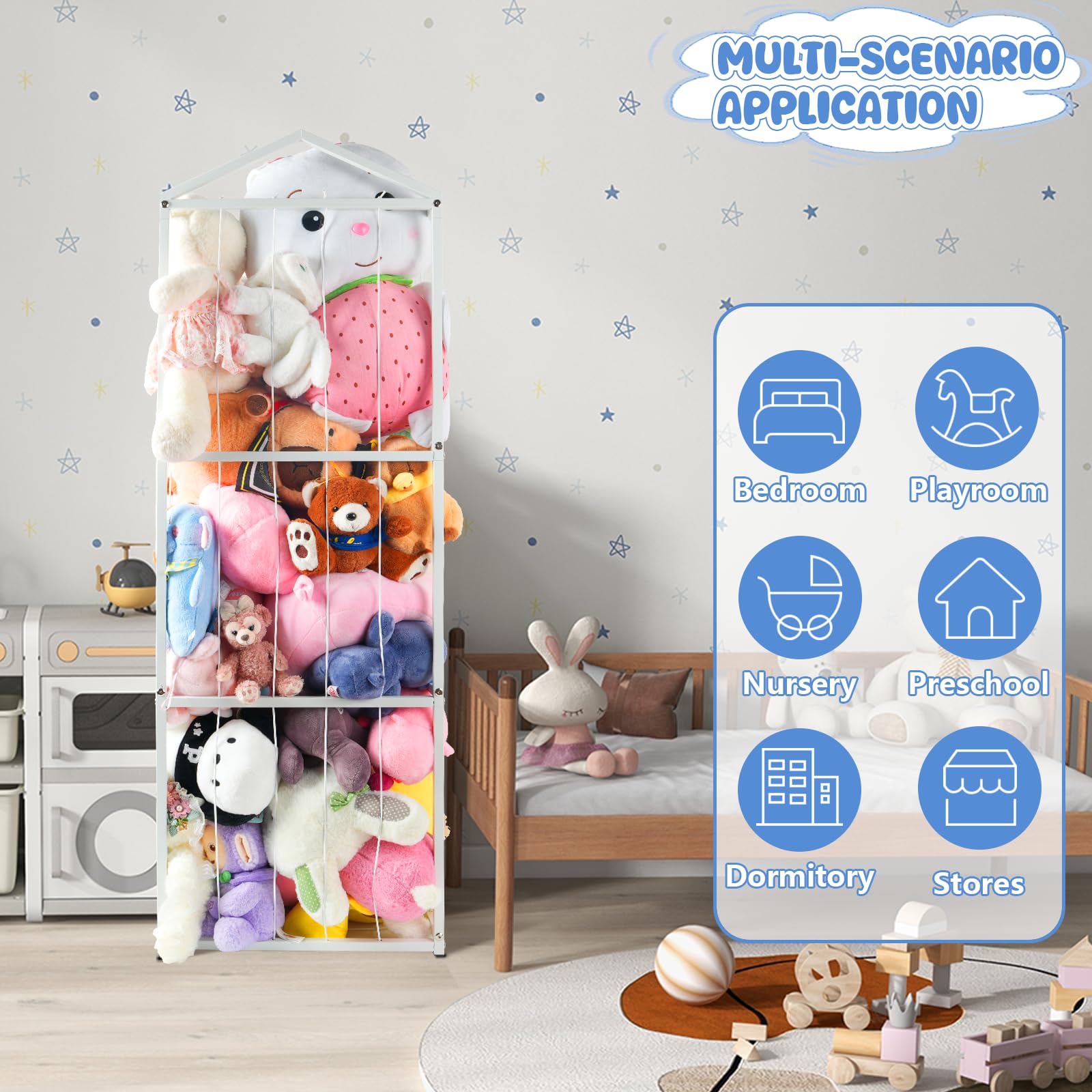 NomNest stuffed animal storage decorative-white unit blends with nursery decor.