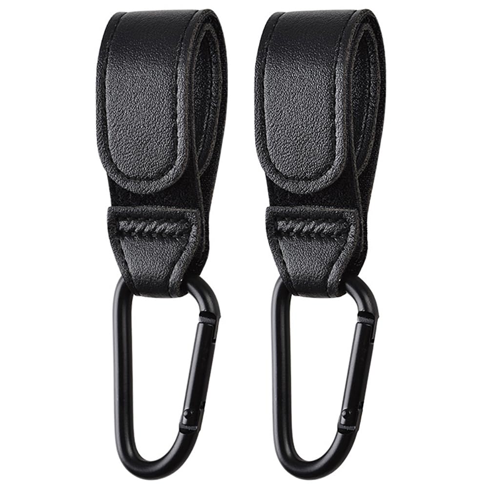 Noneea stroller hook belt and hook close-up showing durable matte black aluminum and PU leather.