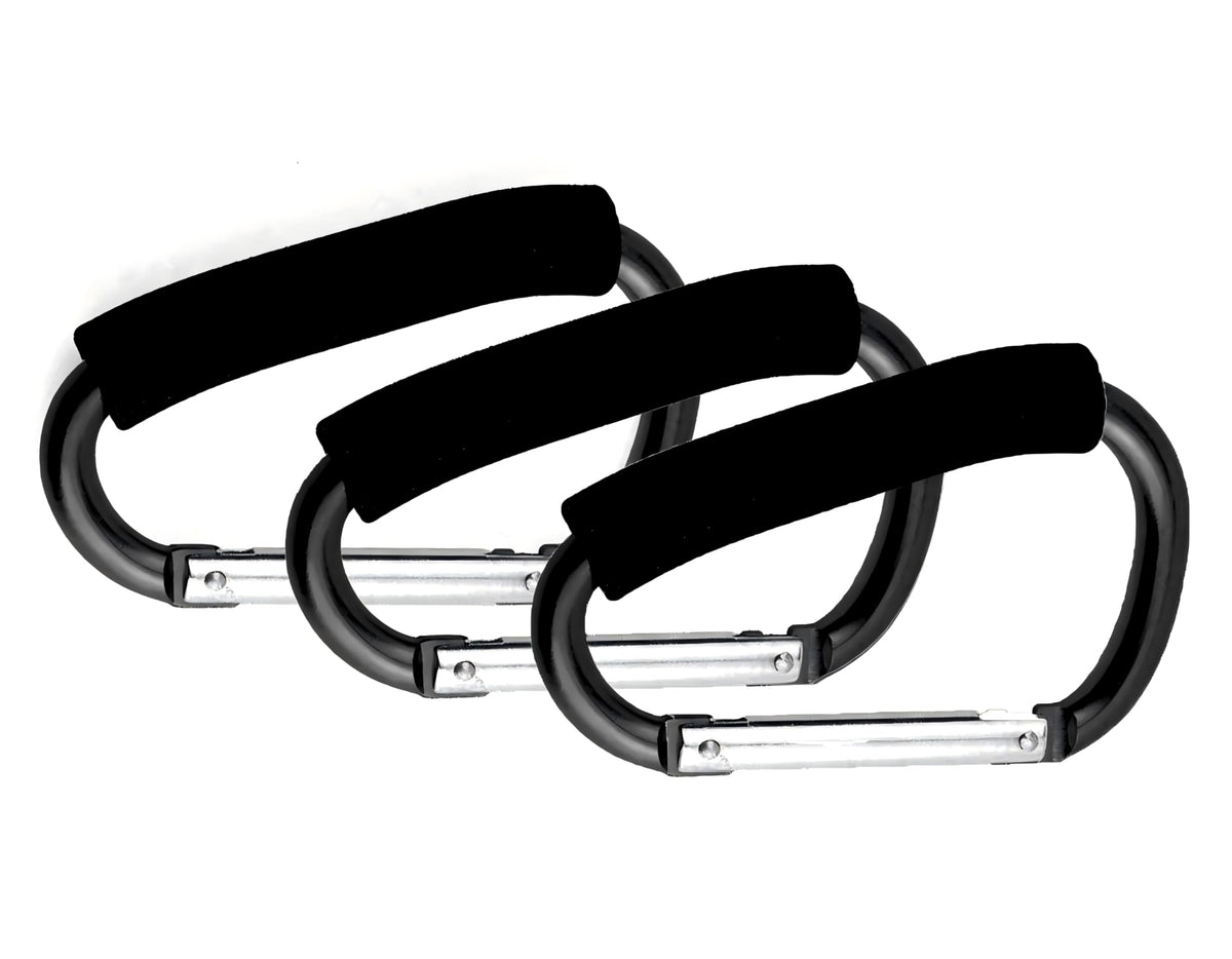 Noneea stroller hooks 3pack displayed with ample space for bags and essentials.
