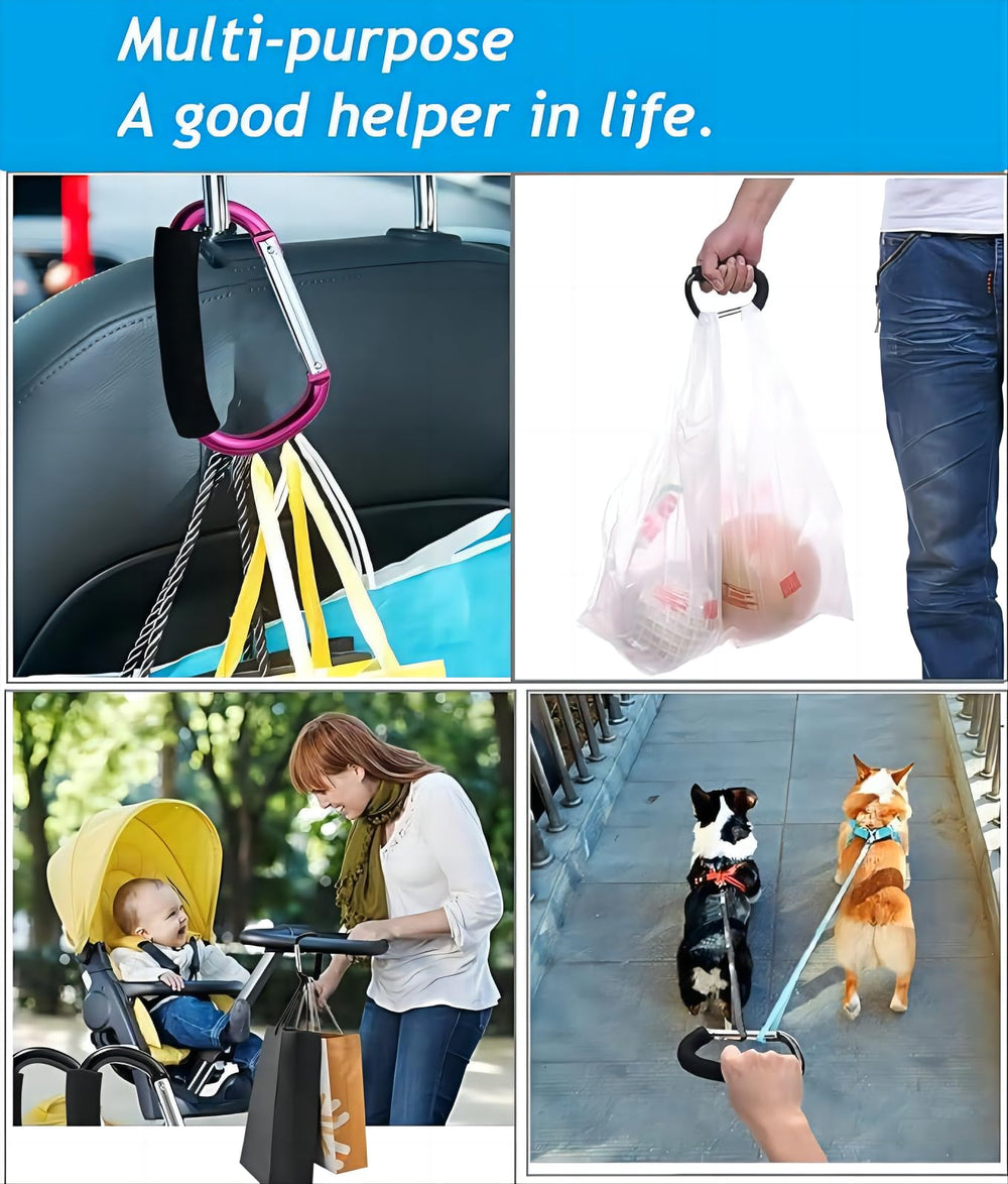 Noneea large carabiner clip on stroller demonstrates secure bag attachment without slipping.