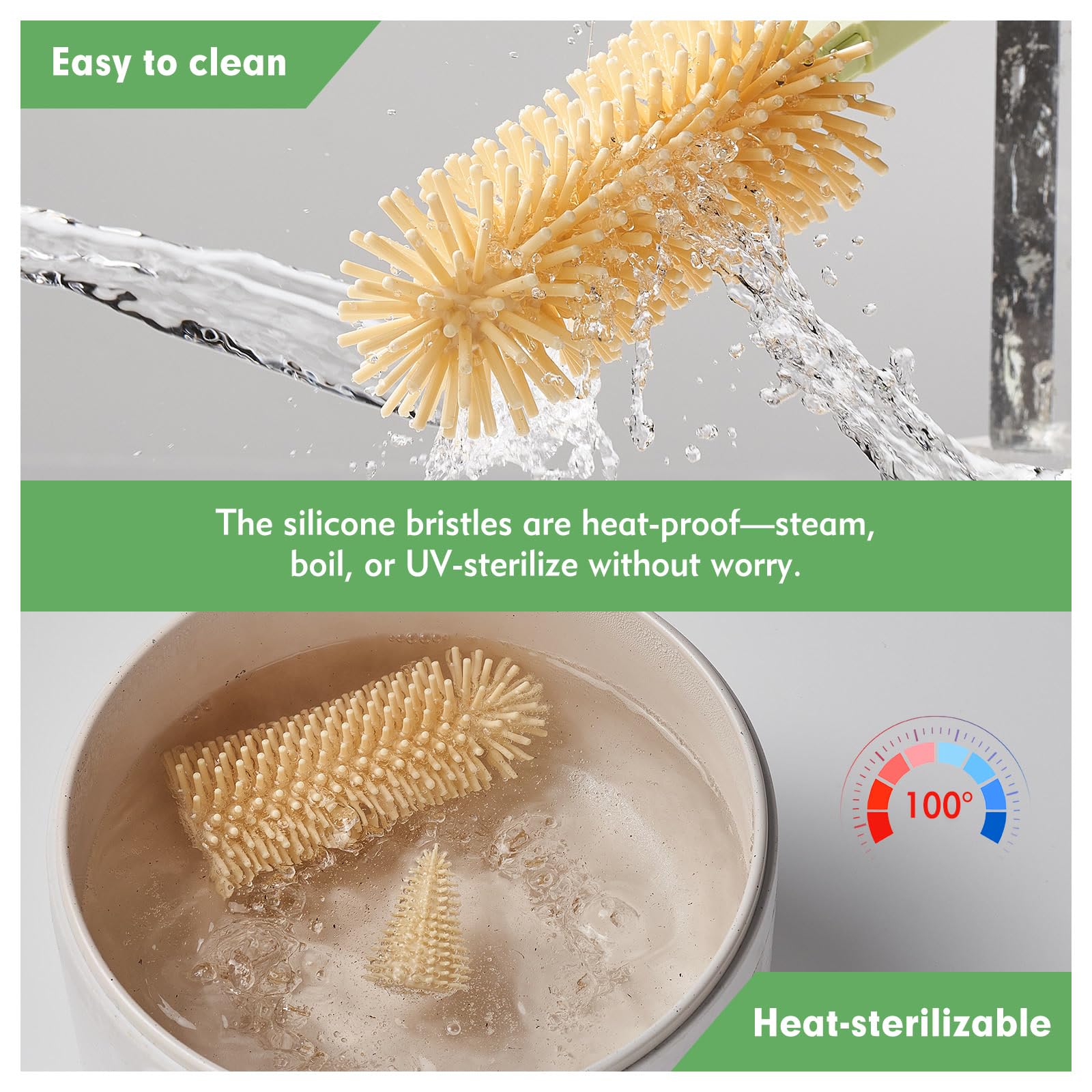 NONENDU silicone bottle brush on bottle surface for gentle scrubbing
