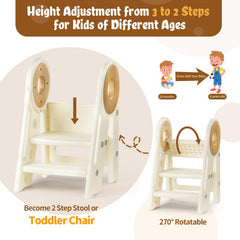 Noonkty foldable stool 2-step cream swivel adapts for potty training and washing up.