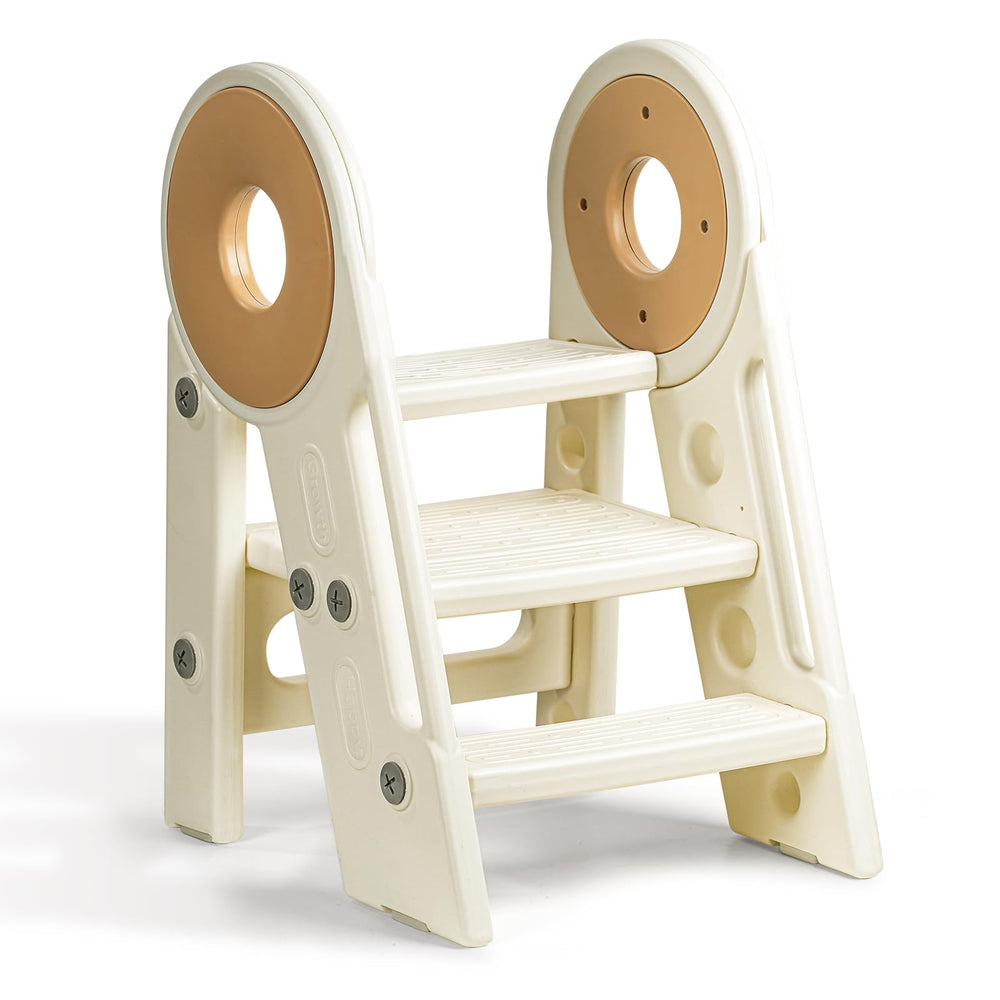 Noonkty foldable stool 3-step cream extended height enables sink access for toddlers.