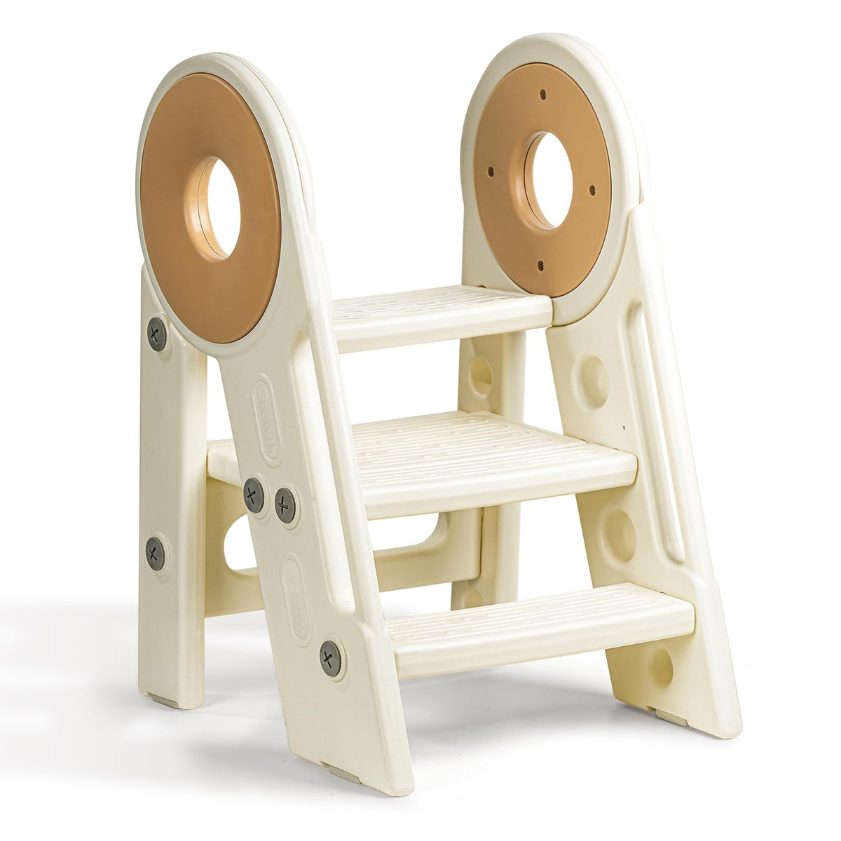 Noonkty foldable stool 3-step cream extended height enables sink access for toddlers.