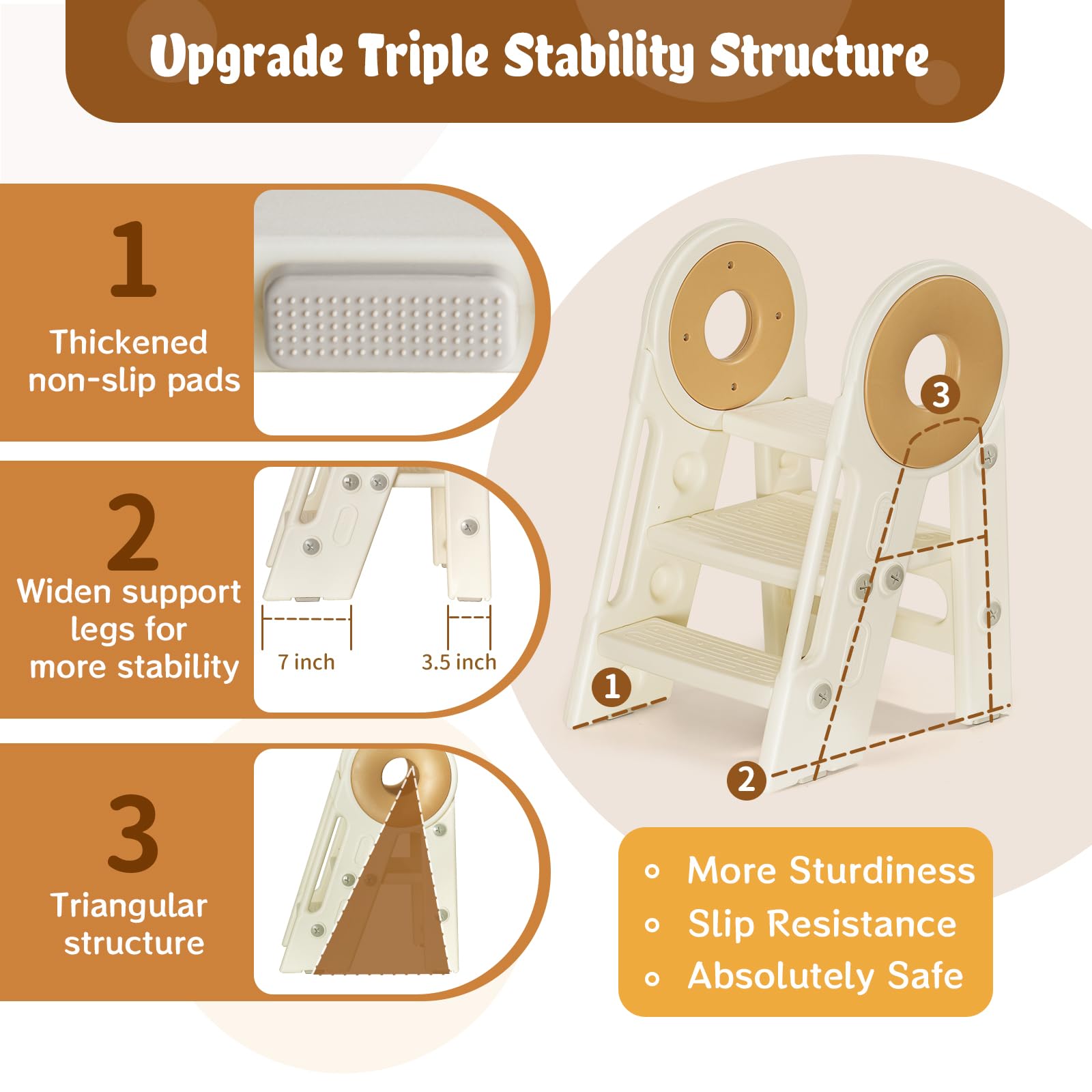 Noonkty foldable stool non-slip-base cream keeps toddlers steady at the sink.