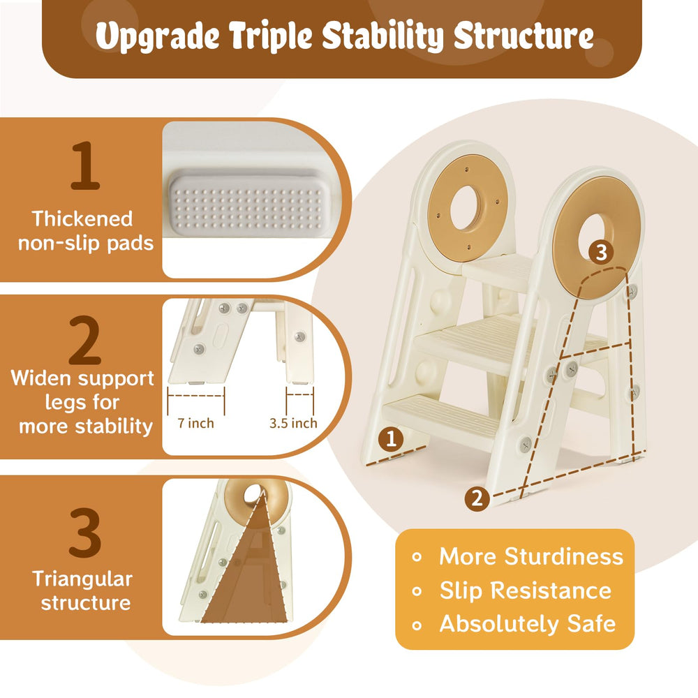 Noonkty foldable stool non-slip-base cream keeps toddlers steady at the sink.