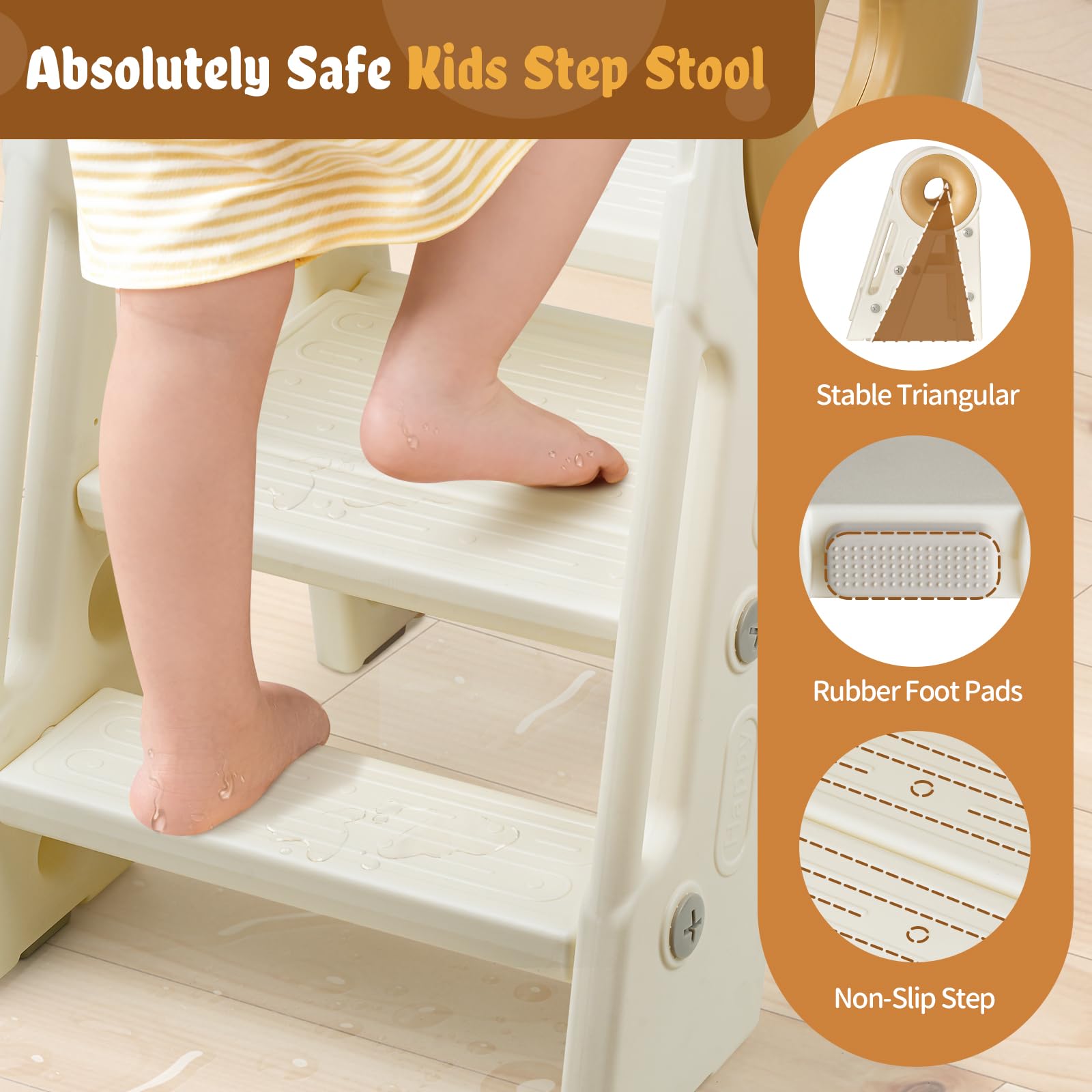 Noonkty foldable stool rounded-armrests-cream provides a comfortable, safe grip.