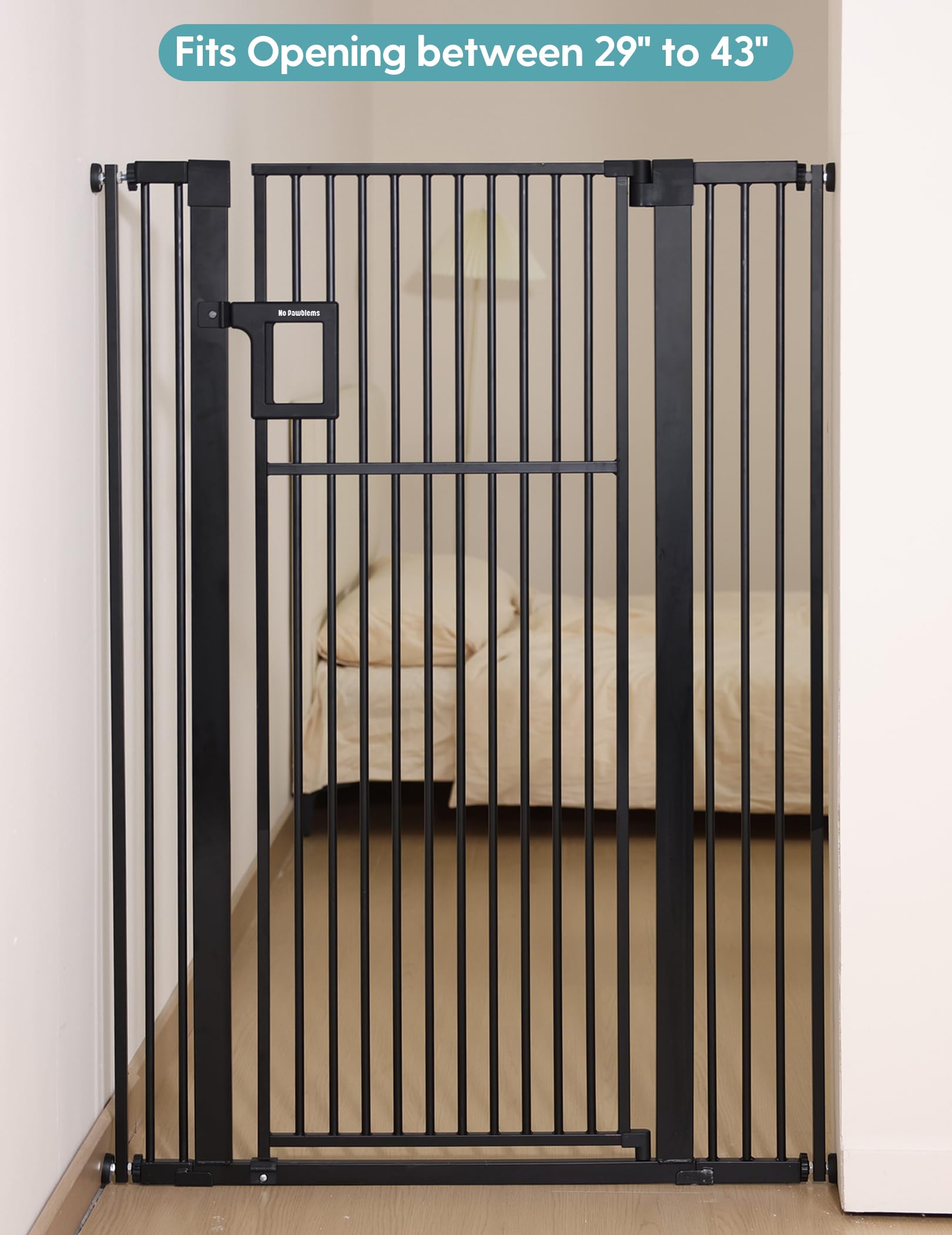 No Pawblems 55-inch gate in hallway demonstrates versatile space-saver design.
