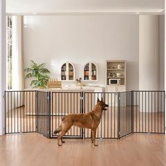 No Pawblems free-standing dog gate blocks stairs in hallway.