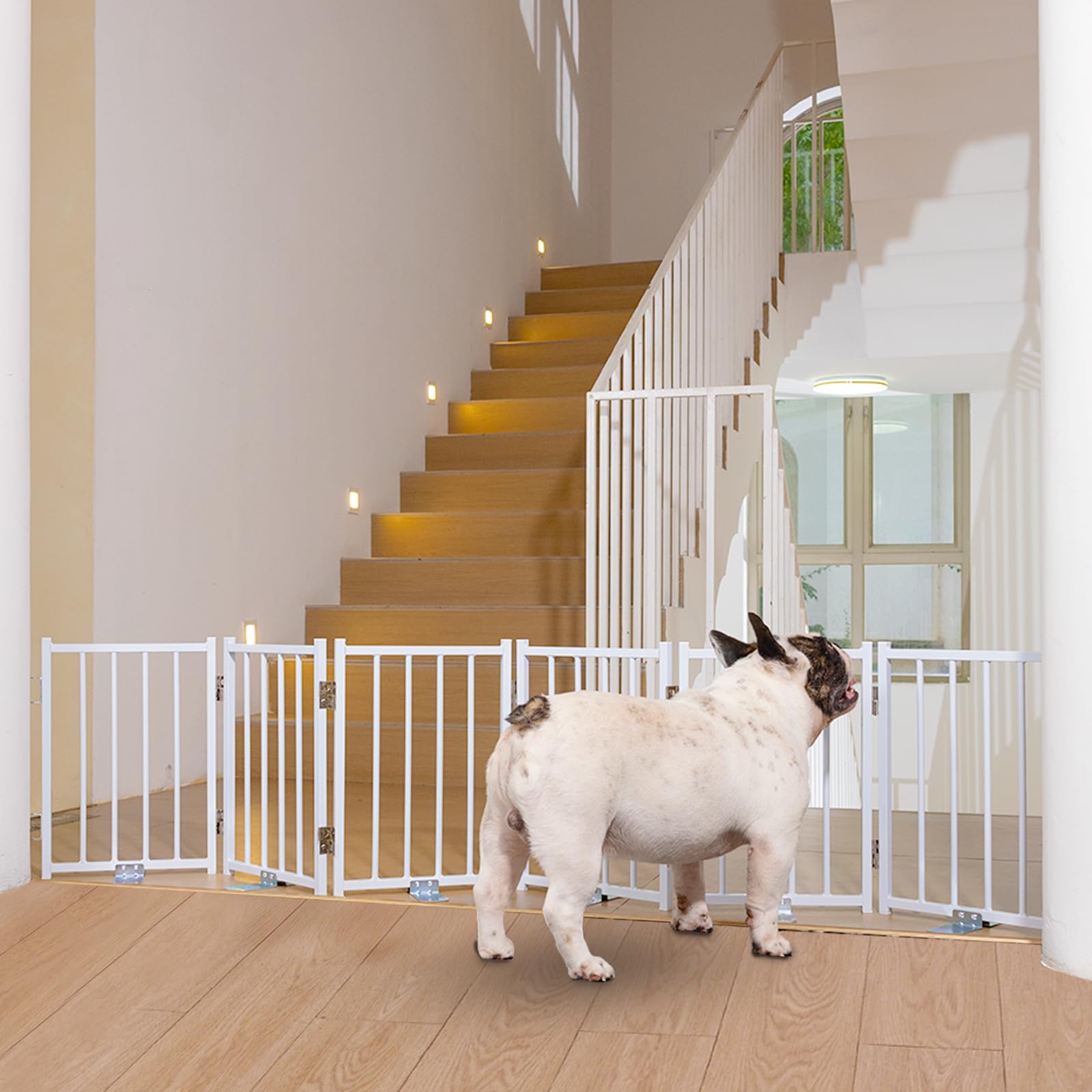 No Pawblems free-standing dog gate assembly shows sturdy metal construction for flexible indoor or outdoor use.