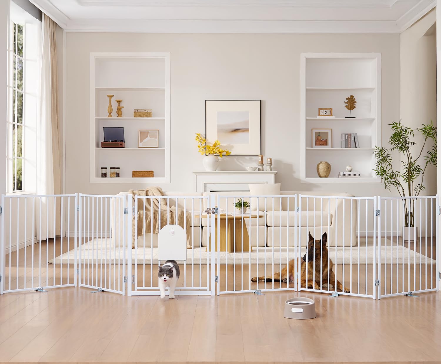 No Pawblems free standing dog gate with cat door offers sturdy freestanding setup for stairs and doorways.
