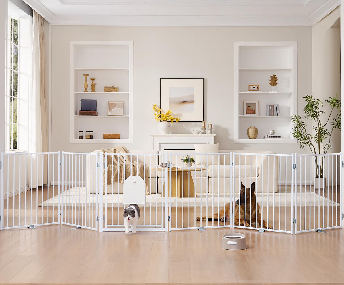 No Pawblems free standing dog gate with cat door offers sturdy freestanding setup for stairs and doorways.