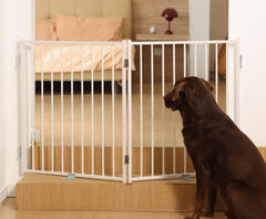 No Pawblems free-standing gate with door secures stairs and doorways safely.